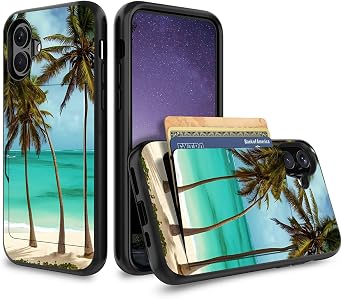 for iPhone 16 Case Wallet Case with Card Holder Dual Layer 2 in 1 Soft TPU + Hard PC Shock Protective Phone Cover for iPhone 16 6.1 inch 2024 - Palm Tree Beach
