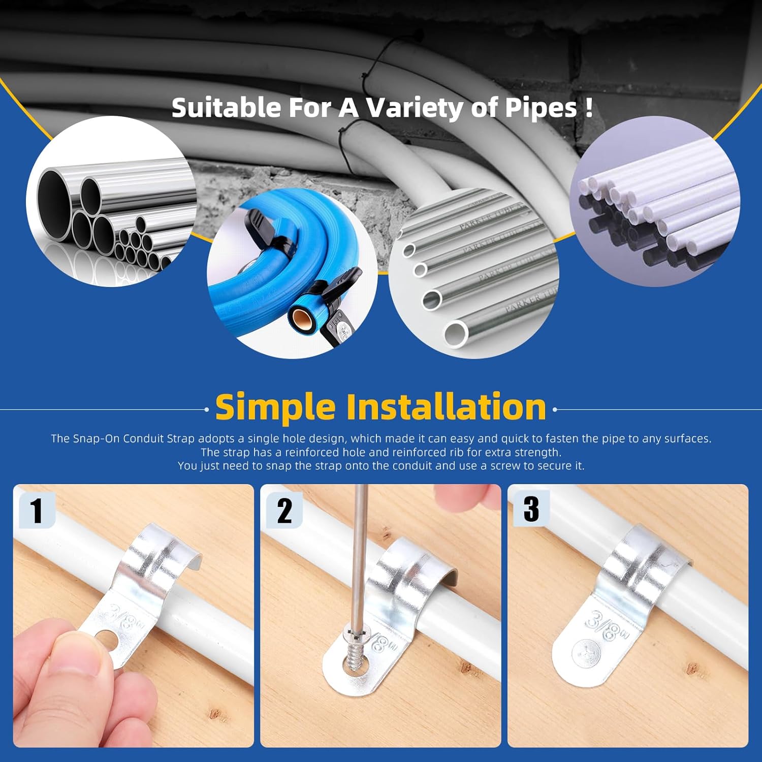 Glarks 85pcs 7 Sizes One Hole Pipe Straps Assortment Kit, 3/8” 1/2” 3/4” 1” 1-1/4” 1-1/2” 2’’ Zinc Plated Steel EMT Pipe Straps with 1 Hole, EMT Conduit Clamp Single Hole Pipe Clamp