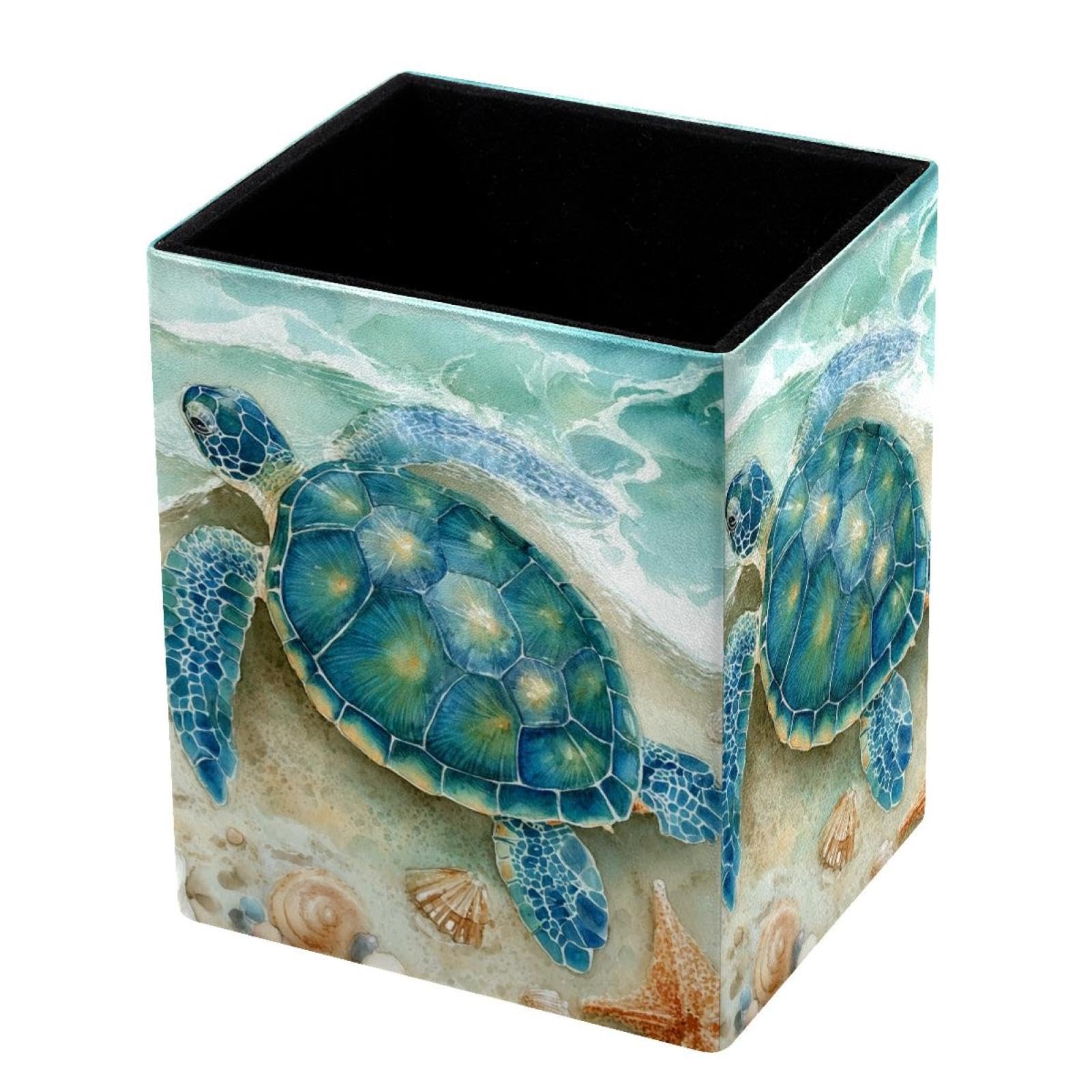 VAPOKF Pencil Holders for Desk, Sea Turtle and Ocean Wave Printed Pen Holders Pen Pot Makeup Brushes Storage Desktop Stationery Supplies Organiser for Home Office