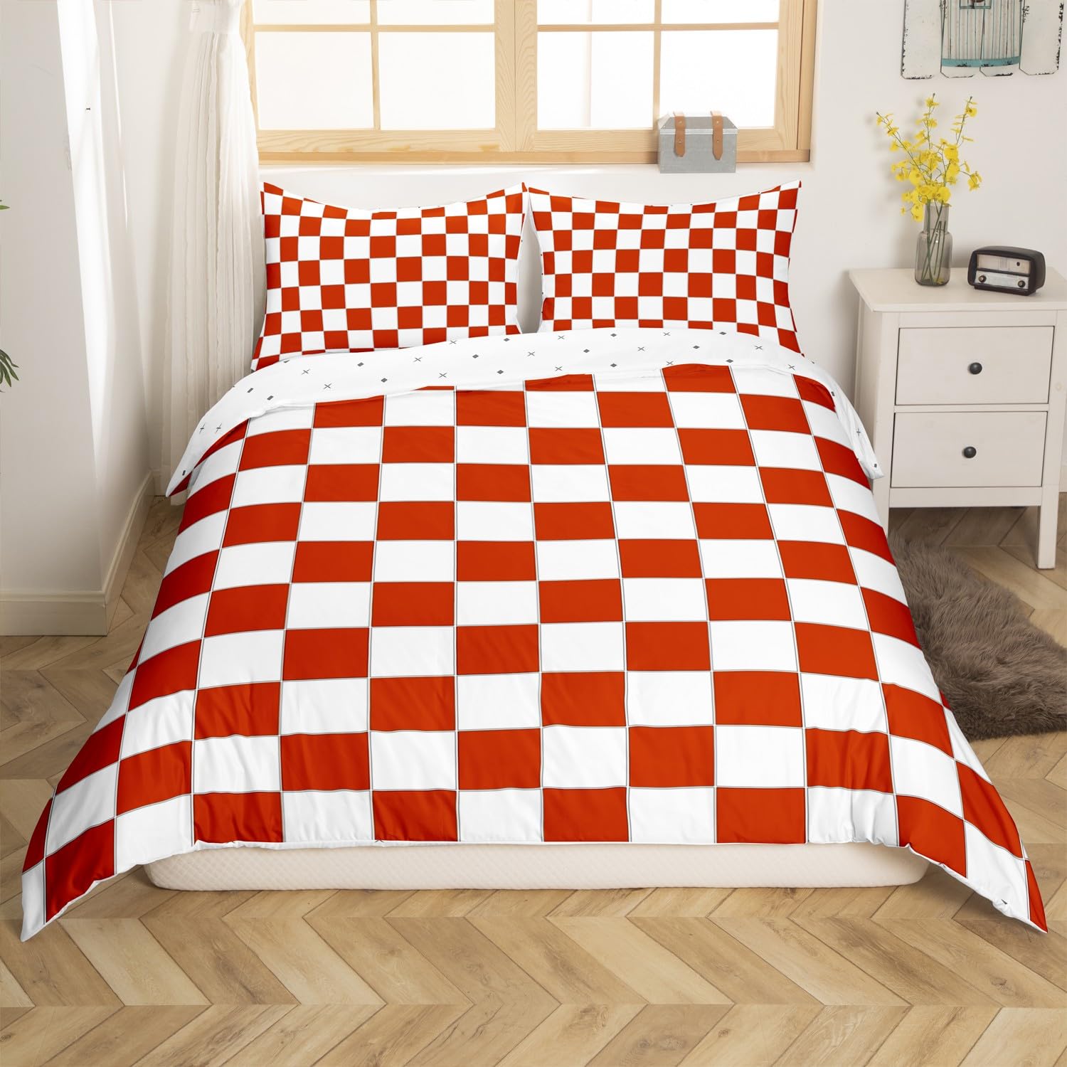 White Rust Red Checkered Bedding Set Buffalo Plaid Grid Comforter Cover Single,Checkerboard Duvet Cover For Kids Adults Men Women Aesthetics Gingham Quilt Cover Modern Room Decor - Image 2