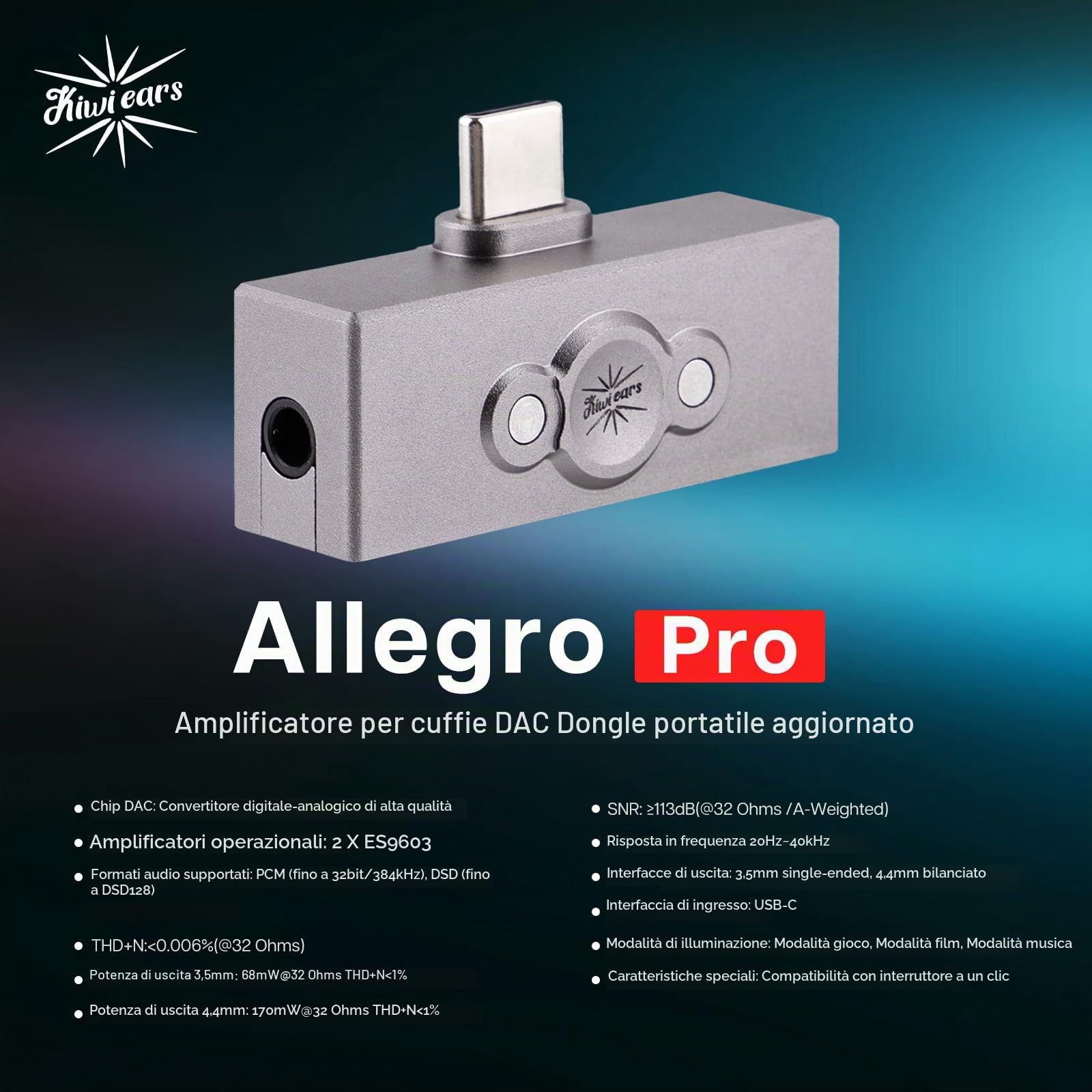 Linsoul Kiwi Ears Allegro Pro DAC/AMP Avanzato per Cuffie IEM, Uscita da USB C a 3,5/4,4 mm Supporta PCM fino a 32bit/384kHz DSD128/DSD64, Doppio Amplificatore ES9603 per Smartphone/PC/Laptop
