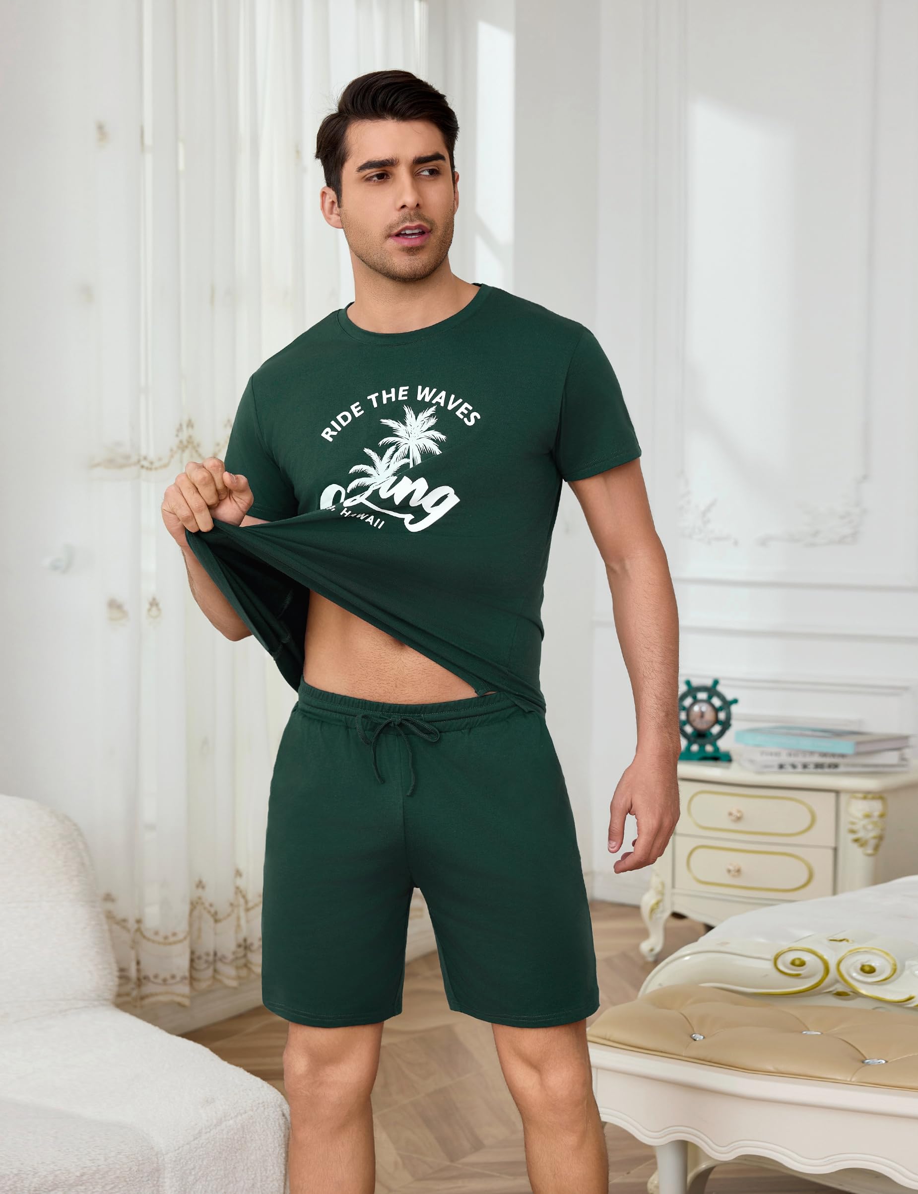 Bresdk Pigiama Uomo Estivo Corto Collo Rotondo Abbigliamento da Casa Pigiami Cotone Leggero Stampa a Lettere Camicia Maniche Corte con Pantaloncini 2 Pezzi
