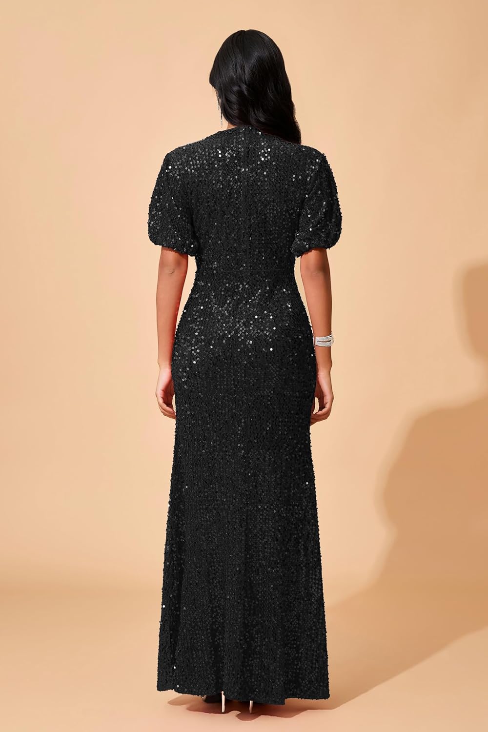 VERWIN Women's Sparkly Elegant Sequins Mesh Puff Sleeve Prom Party Cocktail Gown Mermaid Maxi Dress - Image 4