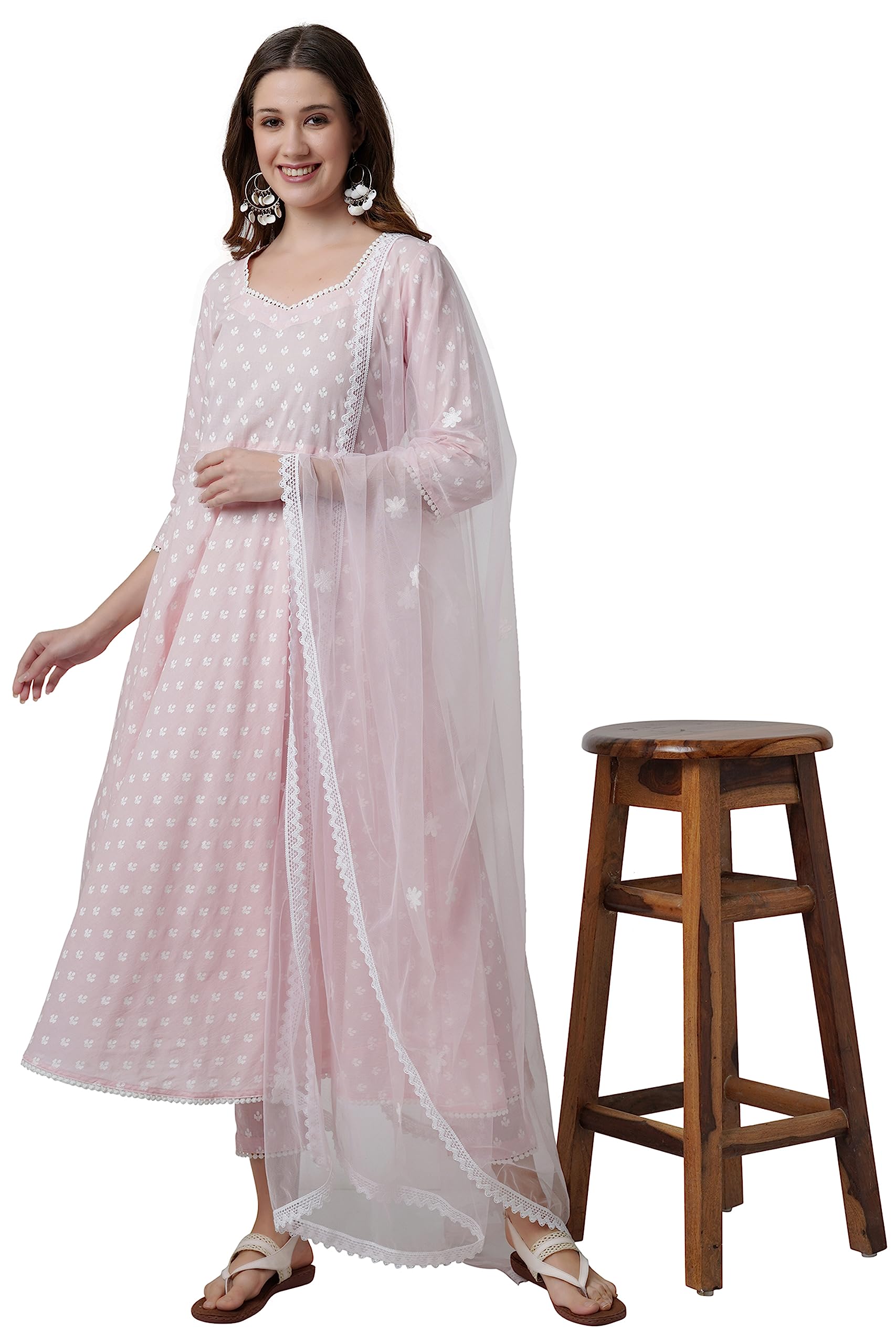 miss fameWomen's Cotton Anarkali Kurta with Pants and Dupatta