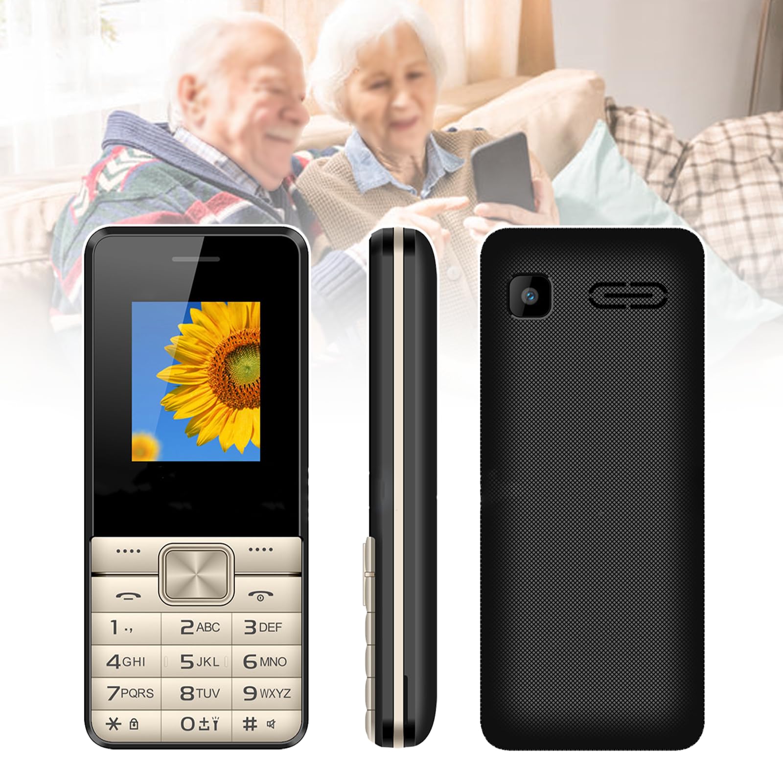 WENJUY Basic Mobile Phones for the Elderly and Kids, Unlocked Dumb Phones, Cell Phones Without Internet - with Big Buttons, MP3, MP4, Camera, Flashlight, SOS,Gold