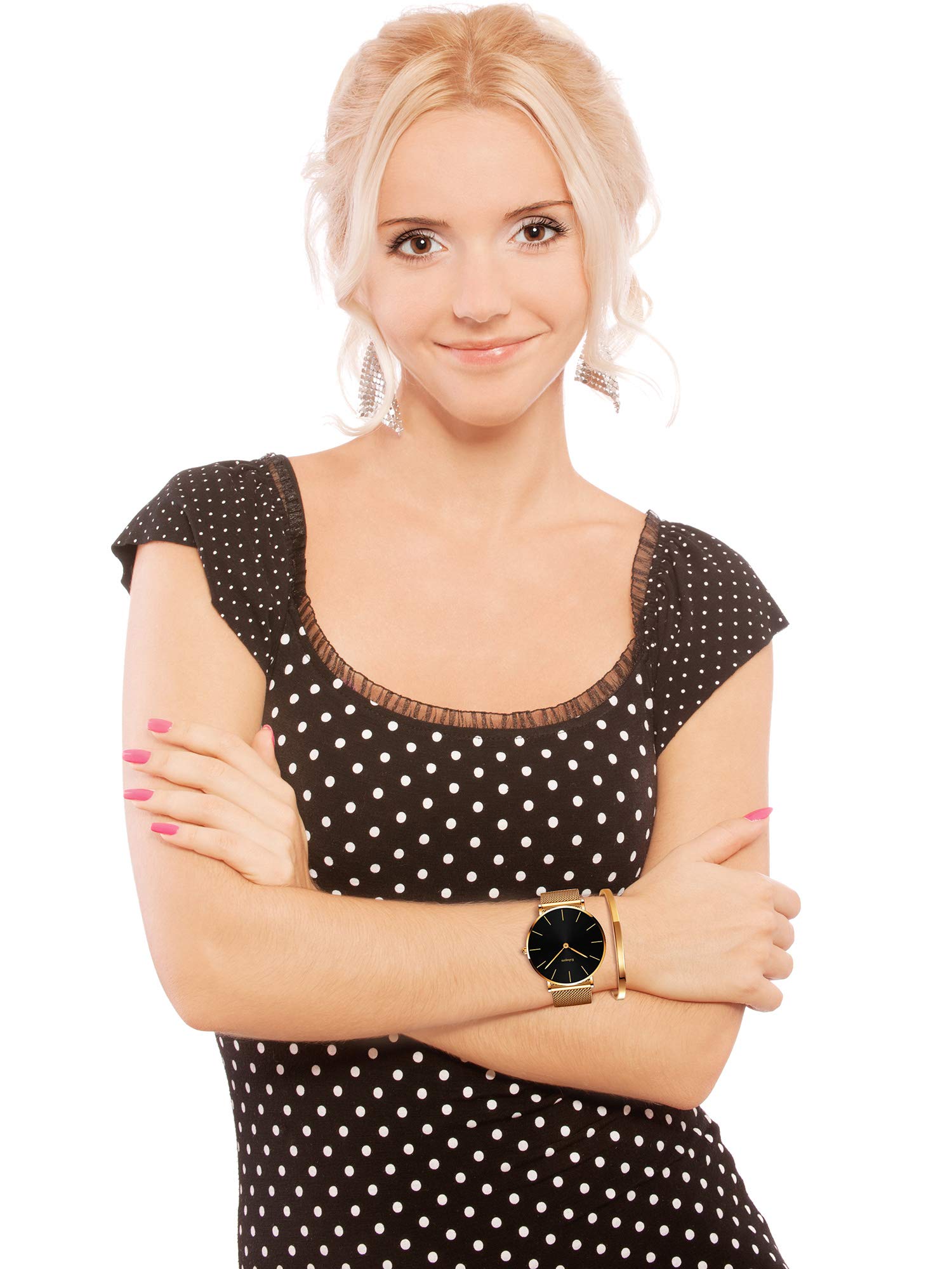 Très Mince Montre pour Femme Quartz Étanche Acier Inoxydable avec Bracelet