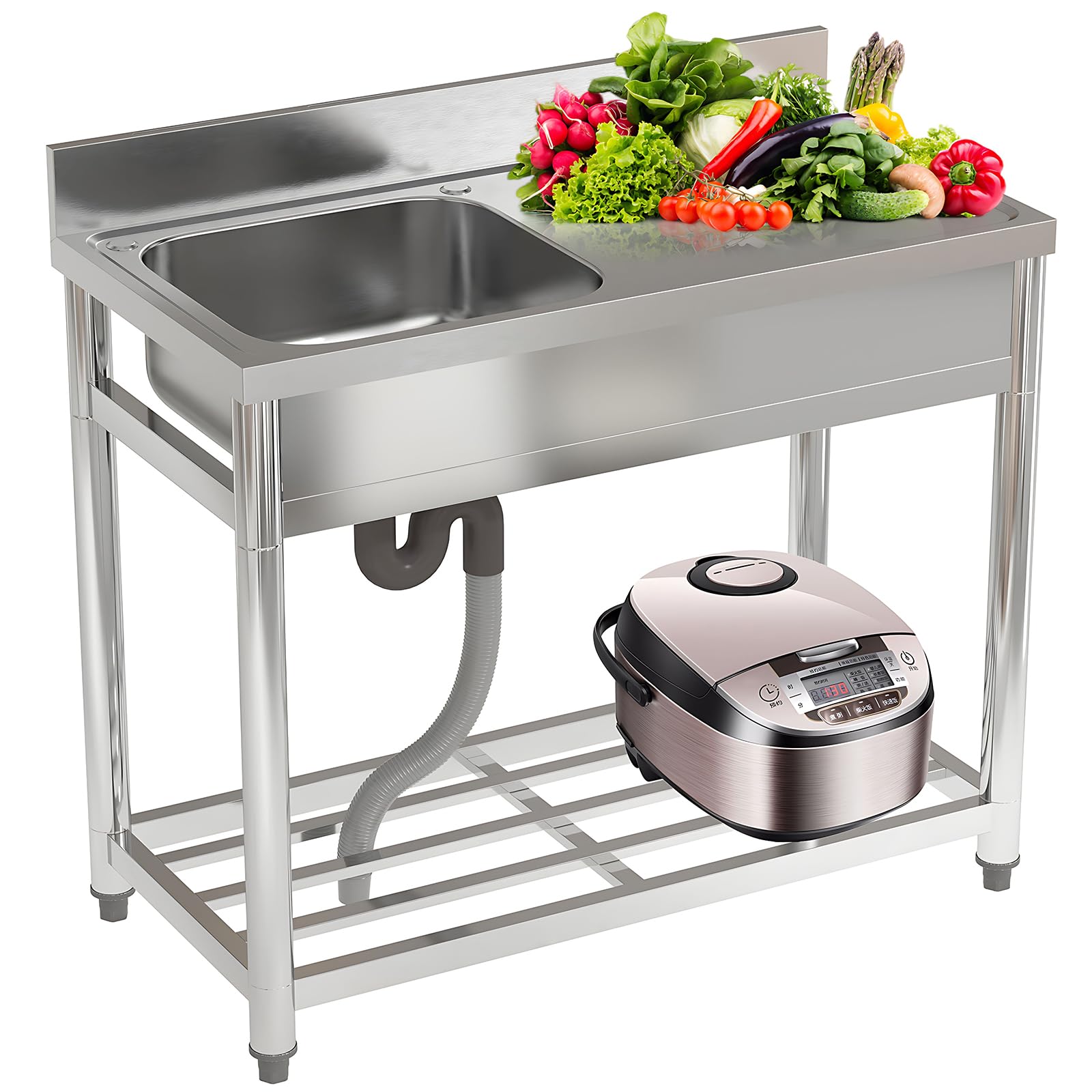 DKIEI 100x50x80cm Stainless Steel Restaurant Kitchen Sink, Commercial Restaurant Sink with Drain & Backsplash, Catering Sink with Storage Shelf and Tap Hole(No Tap)