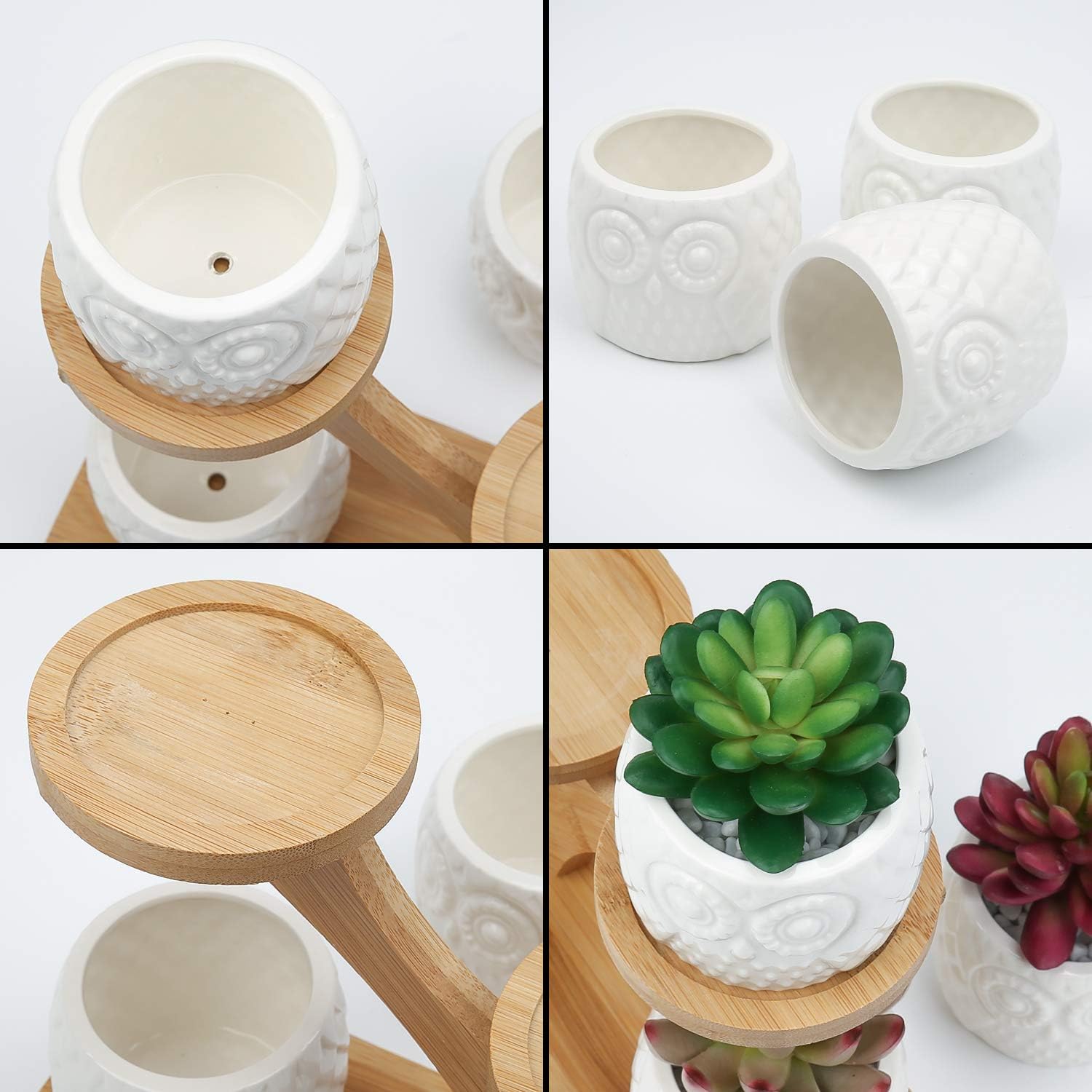 OUSHINAN Mini White Ceramic Owl Garden Pots Decorative Nursery Succulent Planters with 3- Tier Bamboo Tray for Room Decor
