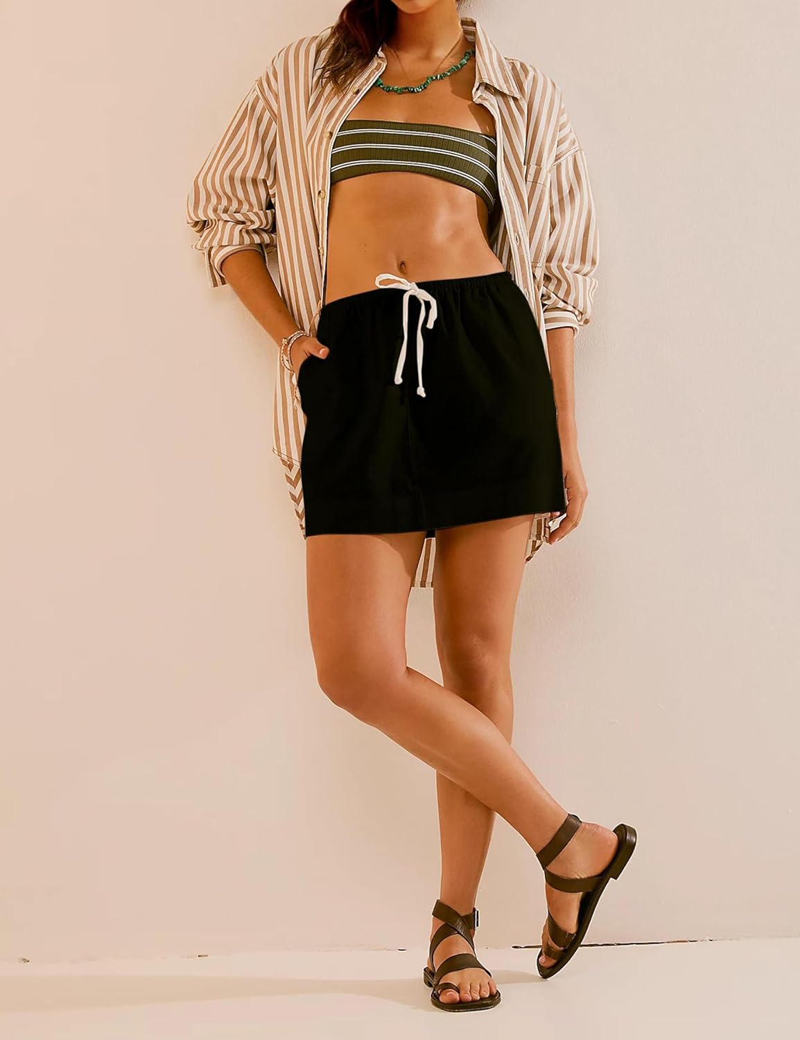 EsheSy Womens Cotton Linen Mini Skirts Summer Drawcord Waist Short A-Line Casual Beach Skirts with Pockets - Image 6