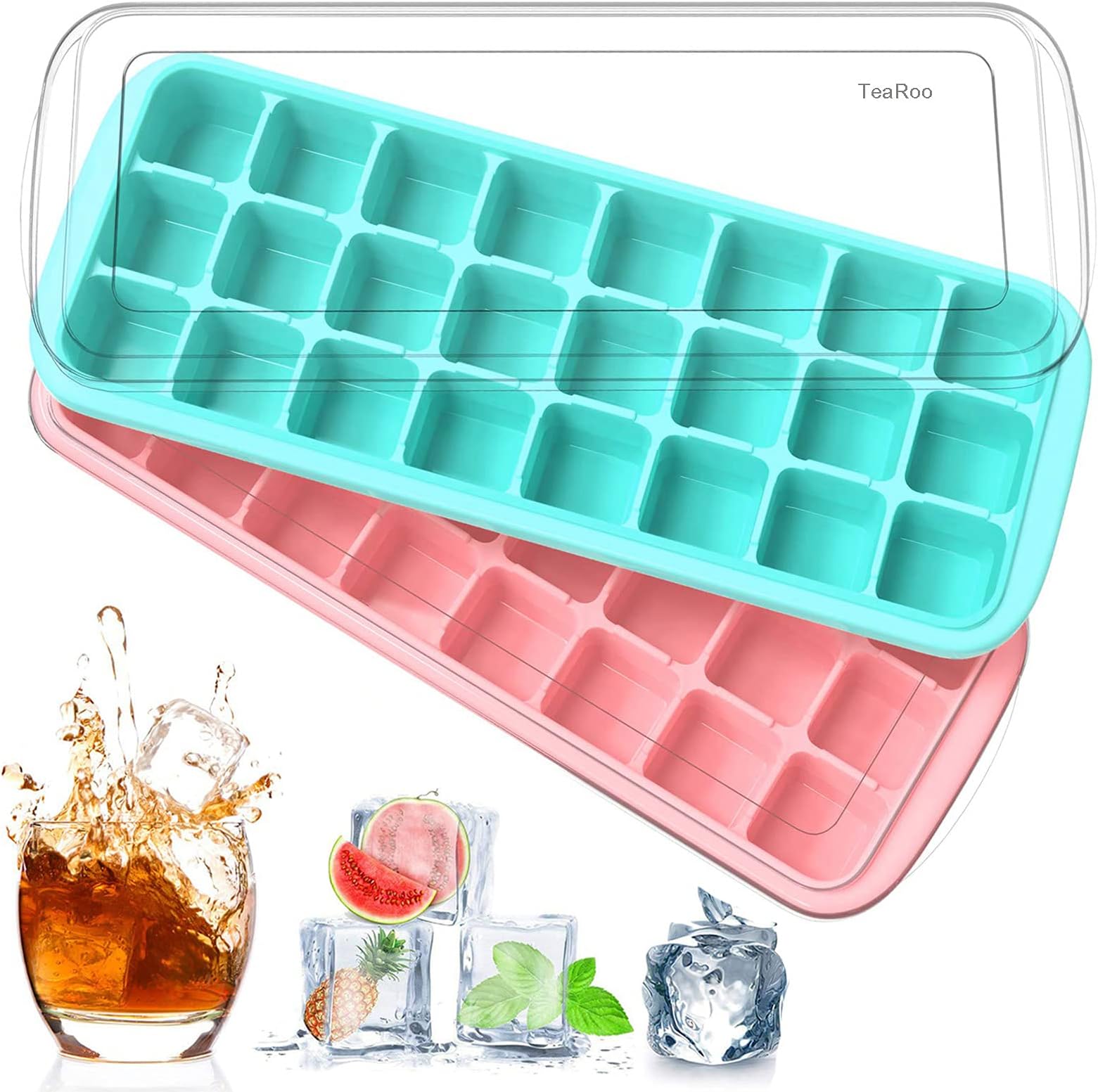 TeaRoo Ice Cube Trays with Lids, 24 Ice Cube Molds for Whiskey, Cocktails, Pink & Blue Silicone Ice Cube molds, Flexible and Easy Release - BPA Free, Stackable Durable, Dishwasher Safe