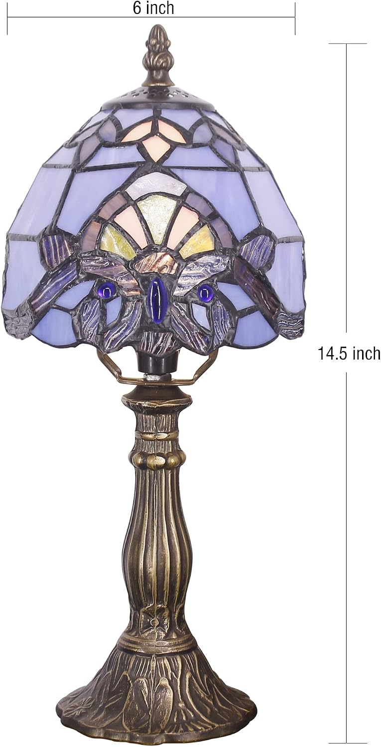Small Tiffany Lamp Mini Accent Table Lamp Blue Purple Baroque Style Stained Glass Desk Memory Lamp Sympathy 6X14.6 Inch
