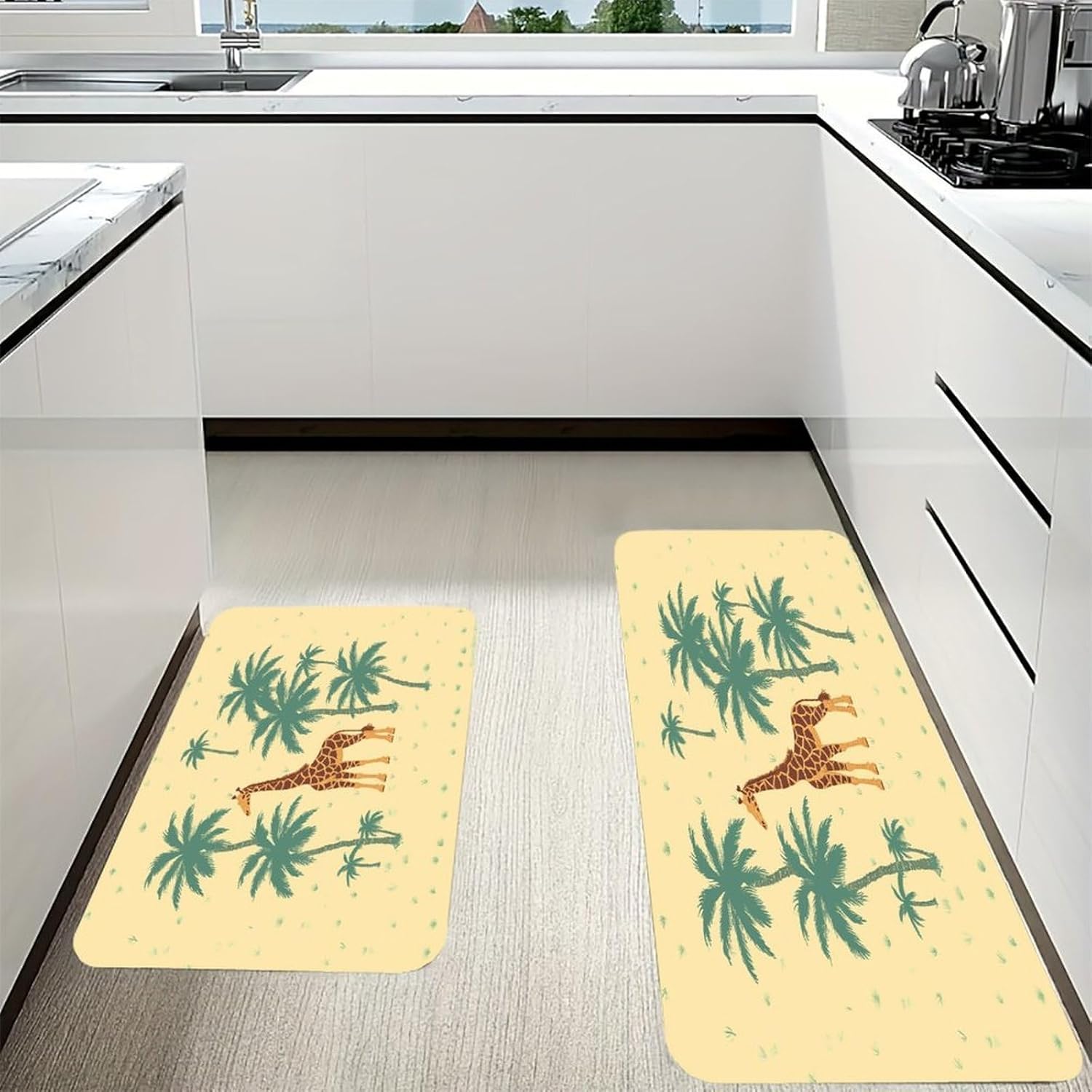 Giraffe Palm Tree Kitchen Mats with 2PCS Non-Slip Washable,Kitchen Rug Heavy Duty Durable, Floor Mats for Kitchen,Office,Sink,Laundry