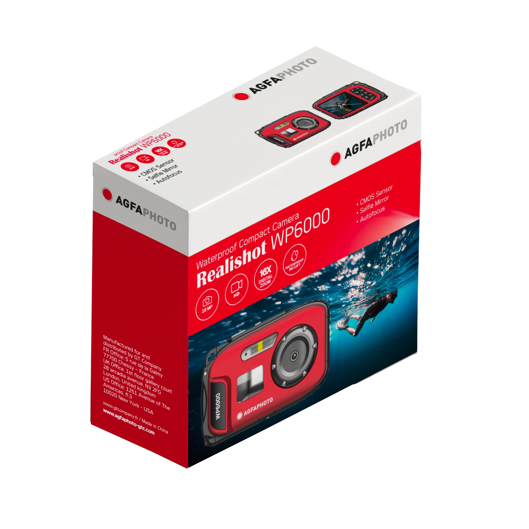 AGFAPHOTO Realishot WP6000 - Appareil Photo Numérique Étanche, 3m/10ft, 18 MP, Vidéo HD, Écran LCD 2.4", Zoom Digital 16x, Autofocus, Miroir Selfie, Batterie Lithium - Rouge