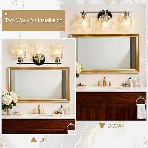 Miniatura 8 de Lámparas de baño con vidrio martillado, 21.2 pulgadas, 3 luces de tocador de granja para baño, accesorios de iluminación rústicos negros y dorados
