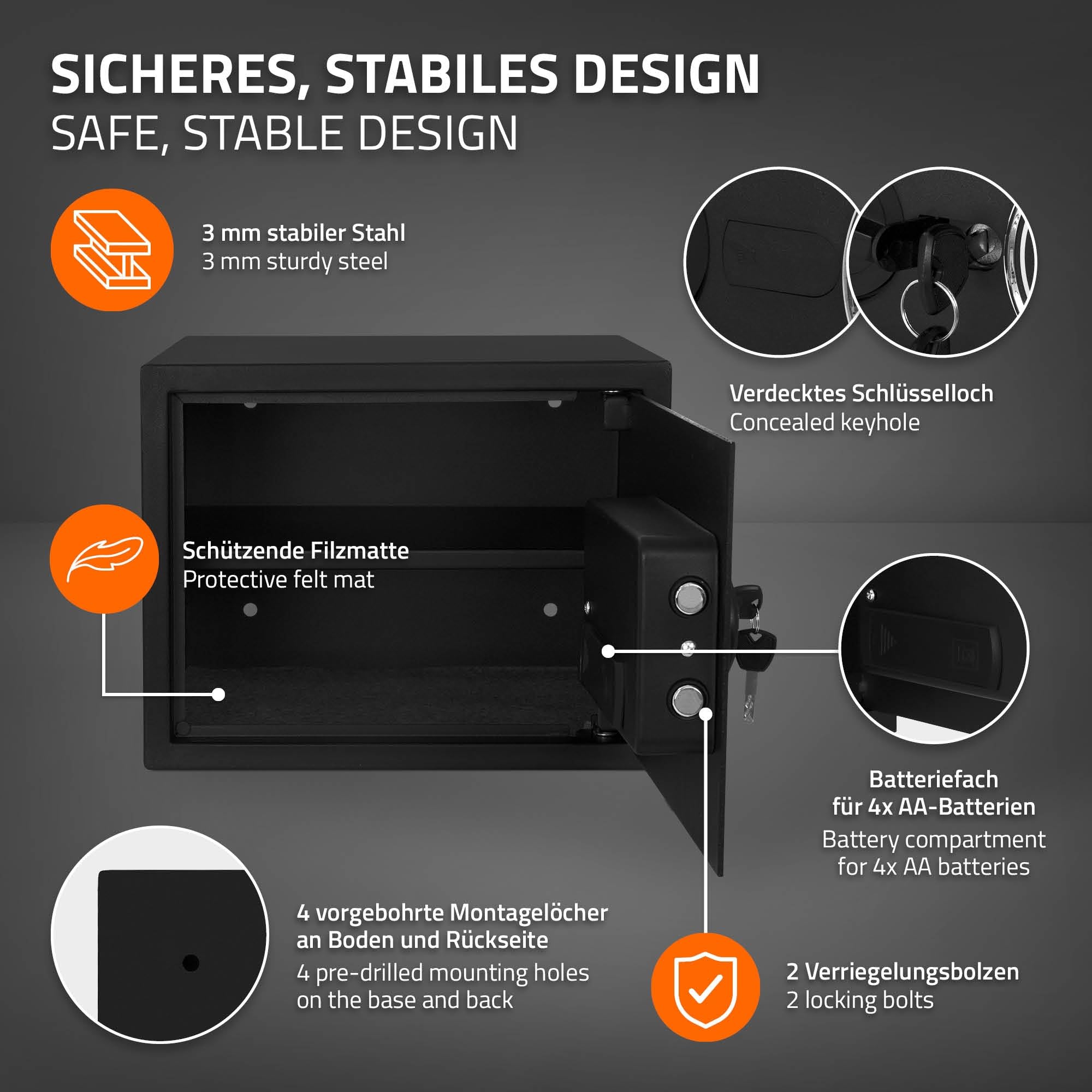ECD Germany Coffre-Fort 27L 38x30x29,5cm, en Acier, Fixation Mural, avec Lumière à Capteur, Clavier Numérique, Code PIN et Clé, Caisse Électronique pour Bijoux/Argent, Porte-Documents Ignifuge inclus