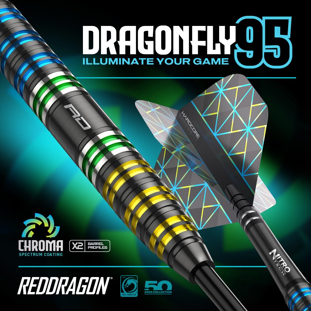 RED DRAGON Darts - Dragonfly 95 Serie - 95% Tungsteno Professionale Punta in Acciaio Set di Freccette con voli e aste per Freccette - Disponibile in 22g, 23g, 24g, 25g & 26g
