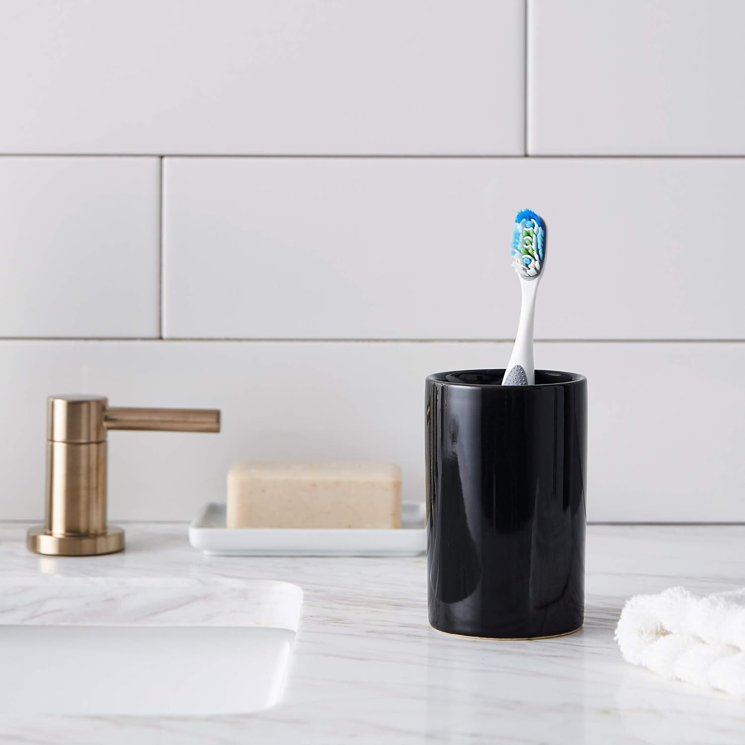 Wenko Ceramic Tumbler Makeup Brush, Toothbrush, Toothpaste Bathroom, Countertop, Razor Holder, Organizer Stand Cup, 2.76 x 2.76 x 4.53 inches, Black