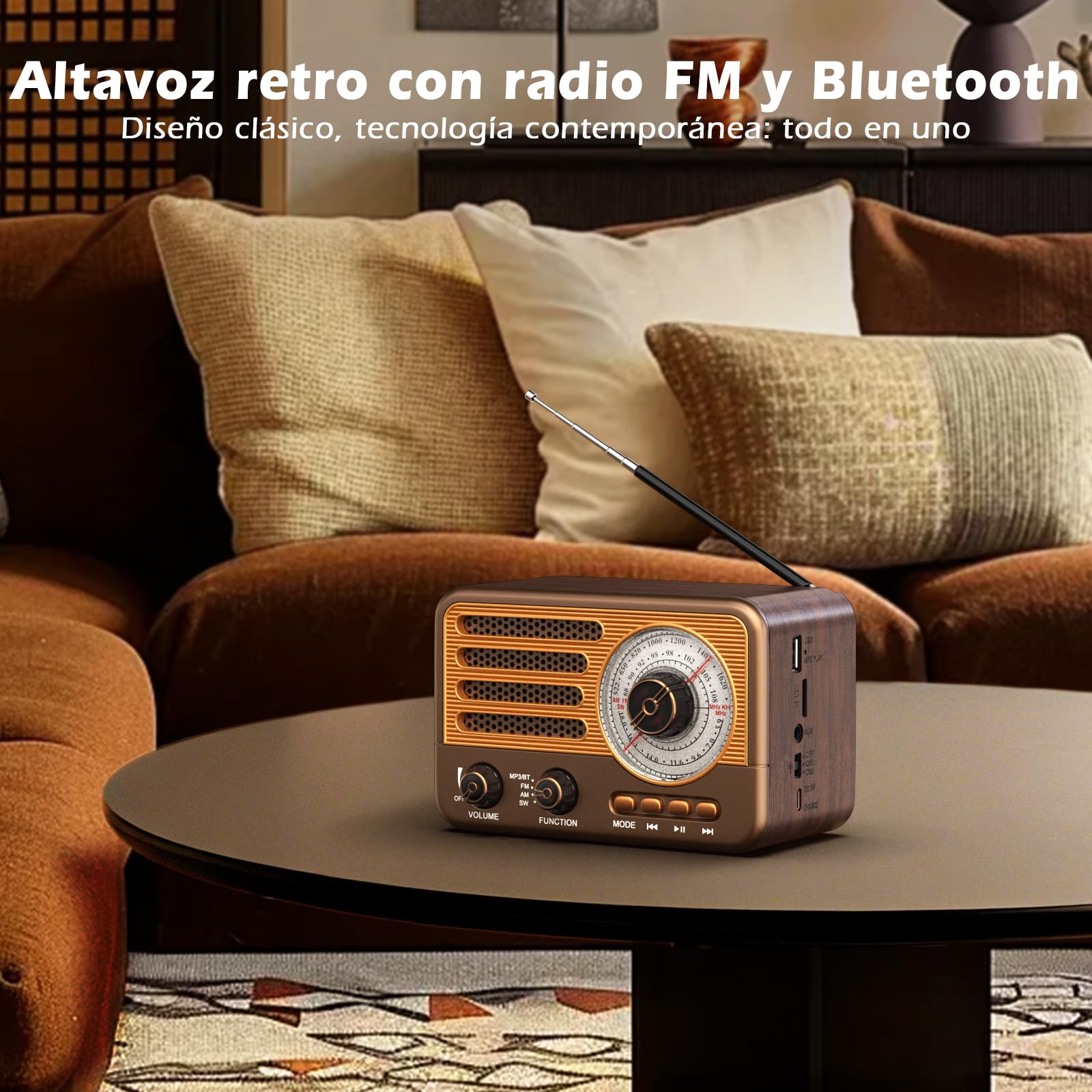 Radio transistor vintage - Estilo retro con alcance moderno - Portátil - AM/FM/SW - Con USB/TF/AUX MP3 y batería recargable de 1800 mAh