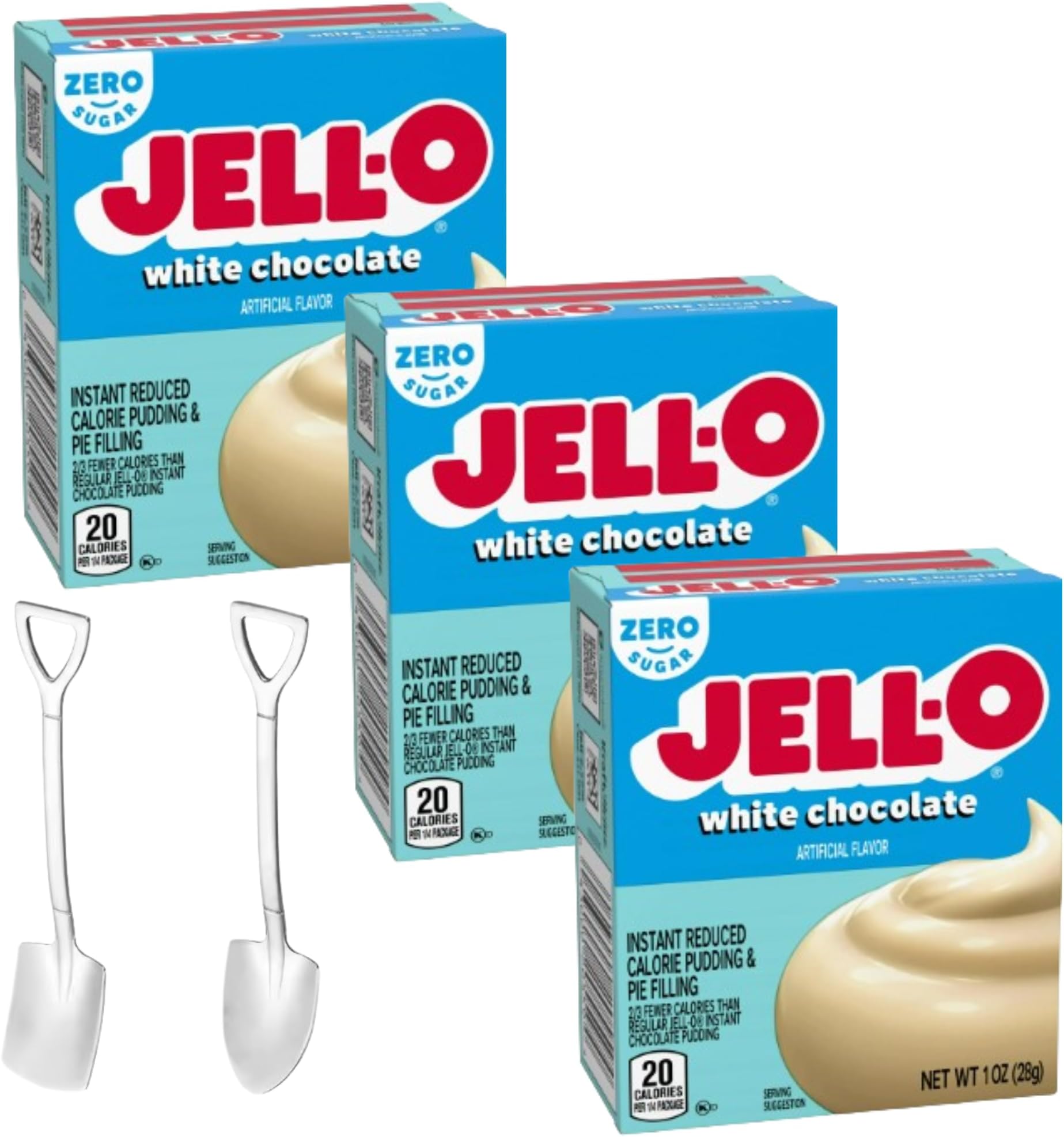 Instant Pudding & Pie Filling Mix 1 oz Box Sugar Free (Pack of 3) with Candy Freezer Mini Metal Spoons (Zero Sugar White Chocolate) - Shovel Spoons