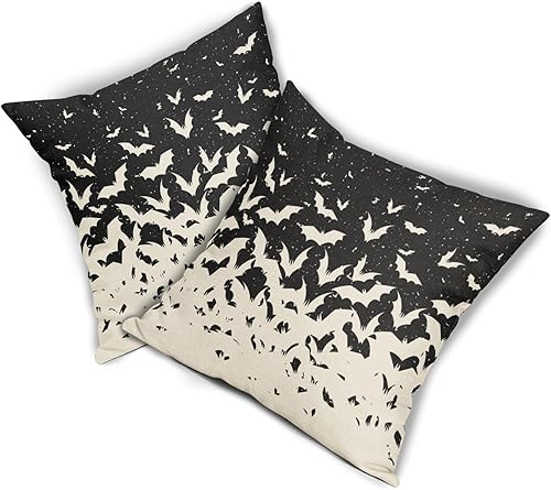 Miniatura 8 de Juego de 2 fundas de almohada de murciélago de Halloween de 18 x 18 pulgadas, color negro, con estampado de miedo, almohadas decorativas para