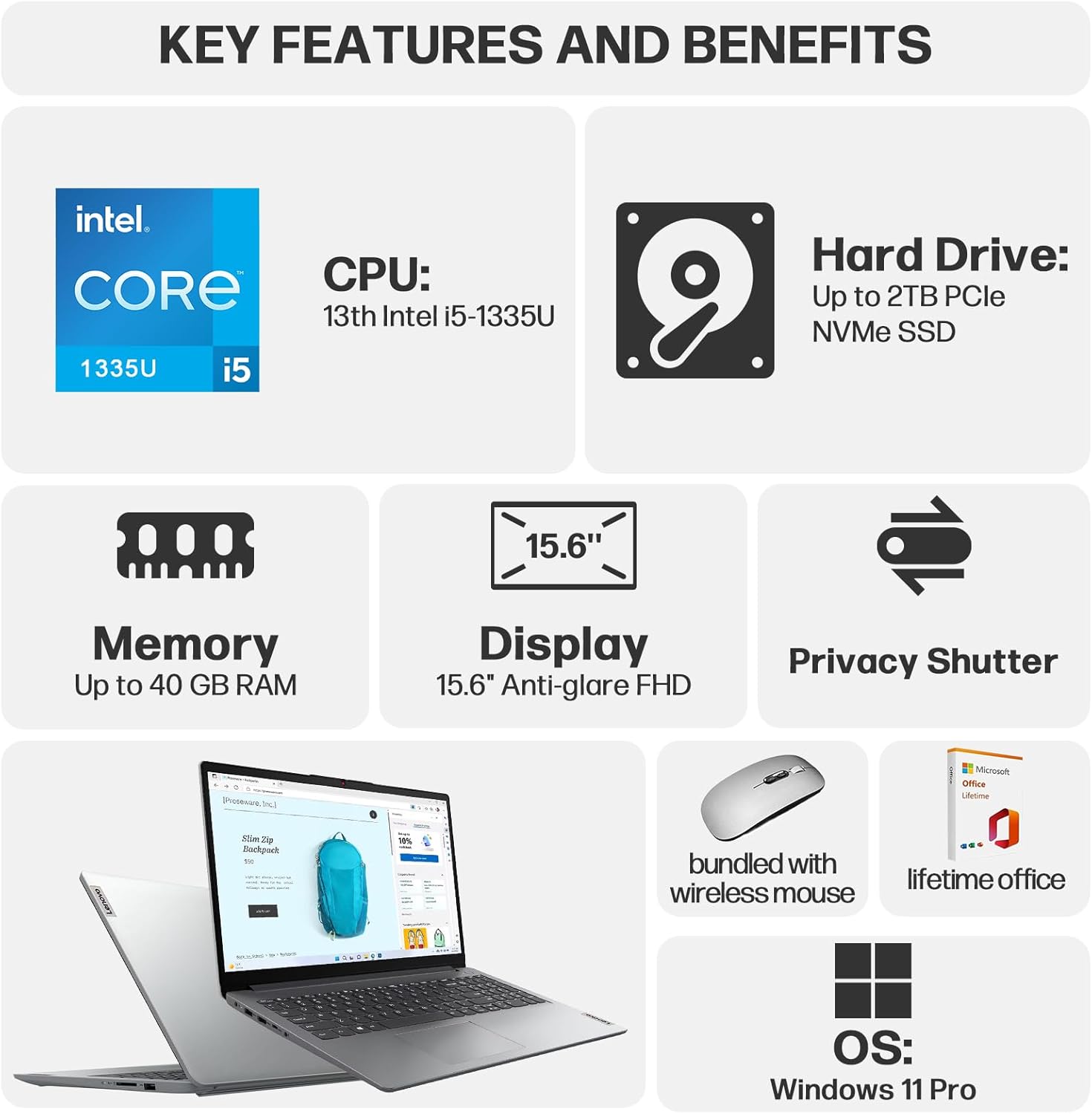 Lenovo Ideapad 1 15.6 FHD Laptop for Business & Student, Intel 10-Core i5 1335U, 16GB RAM 512GB SSD, Lifetime MS Office& Copilot AI, 10H Battery Life, Windows 11 Pro with Essential Accessory