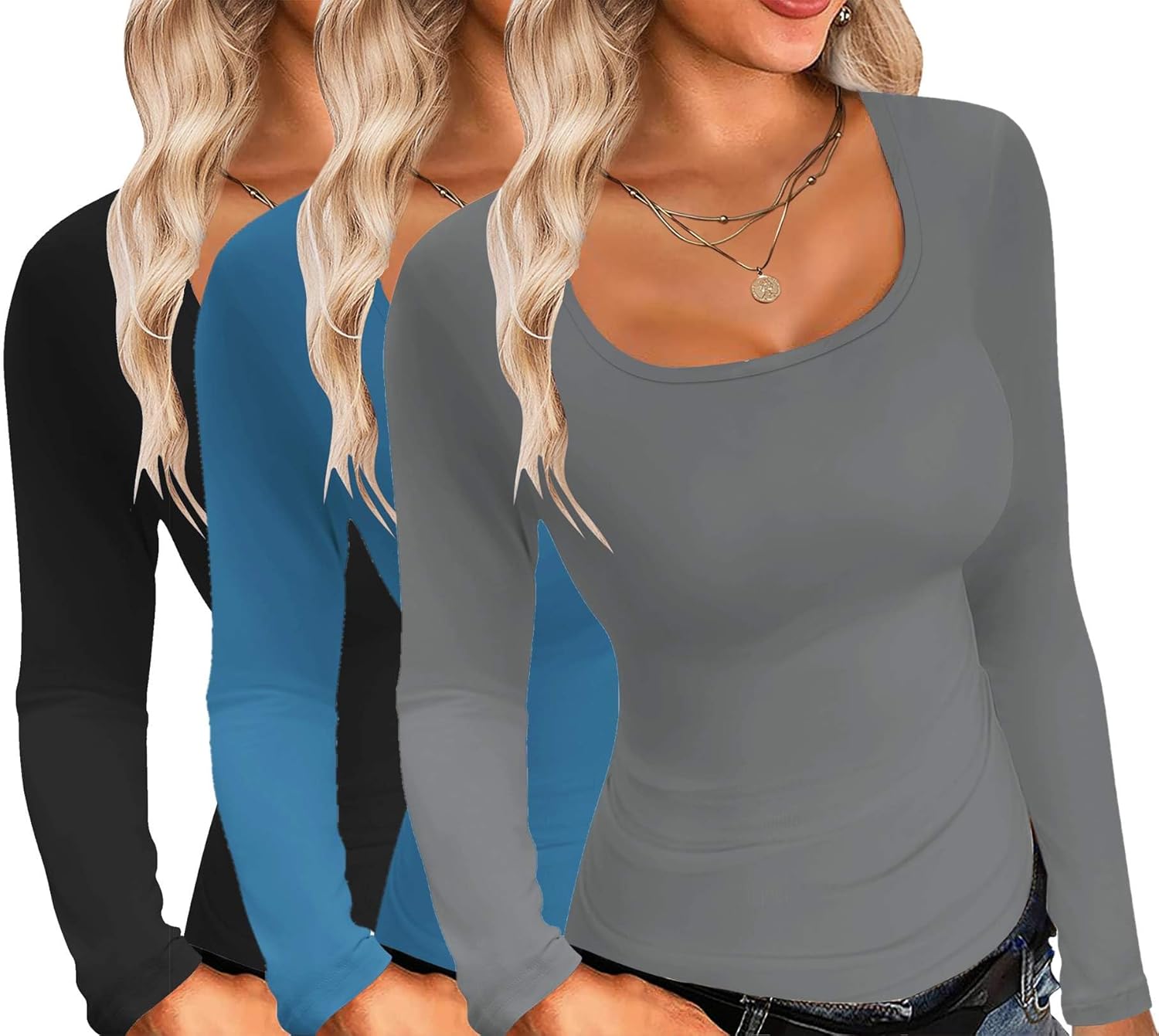 Ekouaer Womens 3 Pack Long Sleeve Shirts Square Neck Basic Tops Fitted Tee Thermal Undershirts XS-XXL