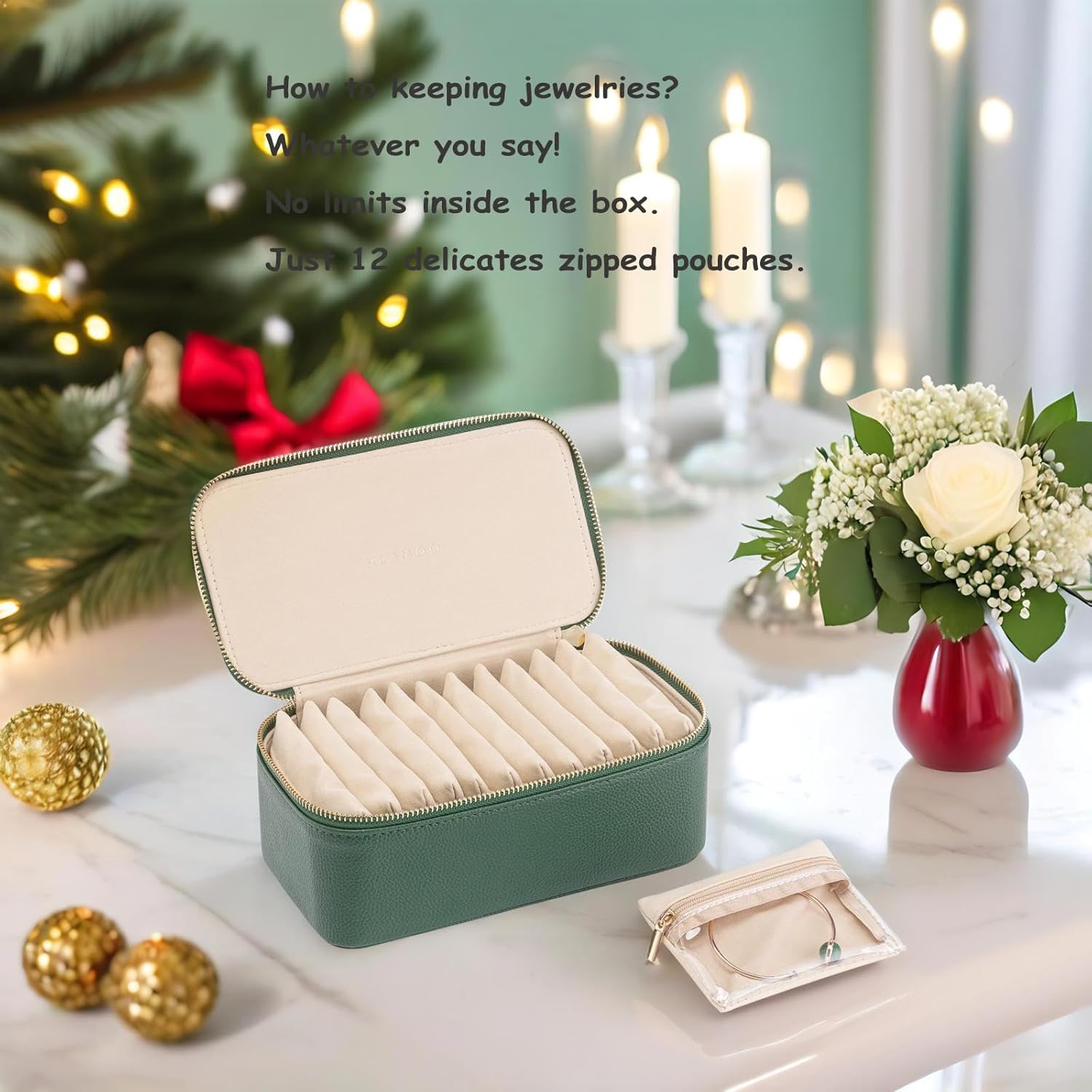 Vlando Travel Jewelry Box Organizer - 12 Small Velvet Zipped Pouches Pockets for Jewelries Necklaces Rings Earrings Sorting Storage, Dark Green - Image 3