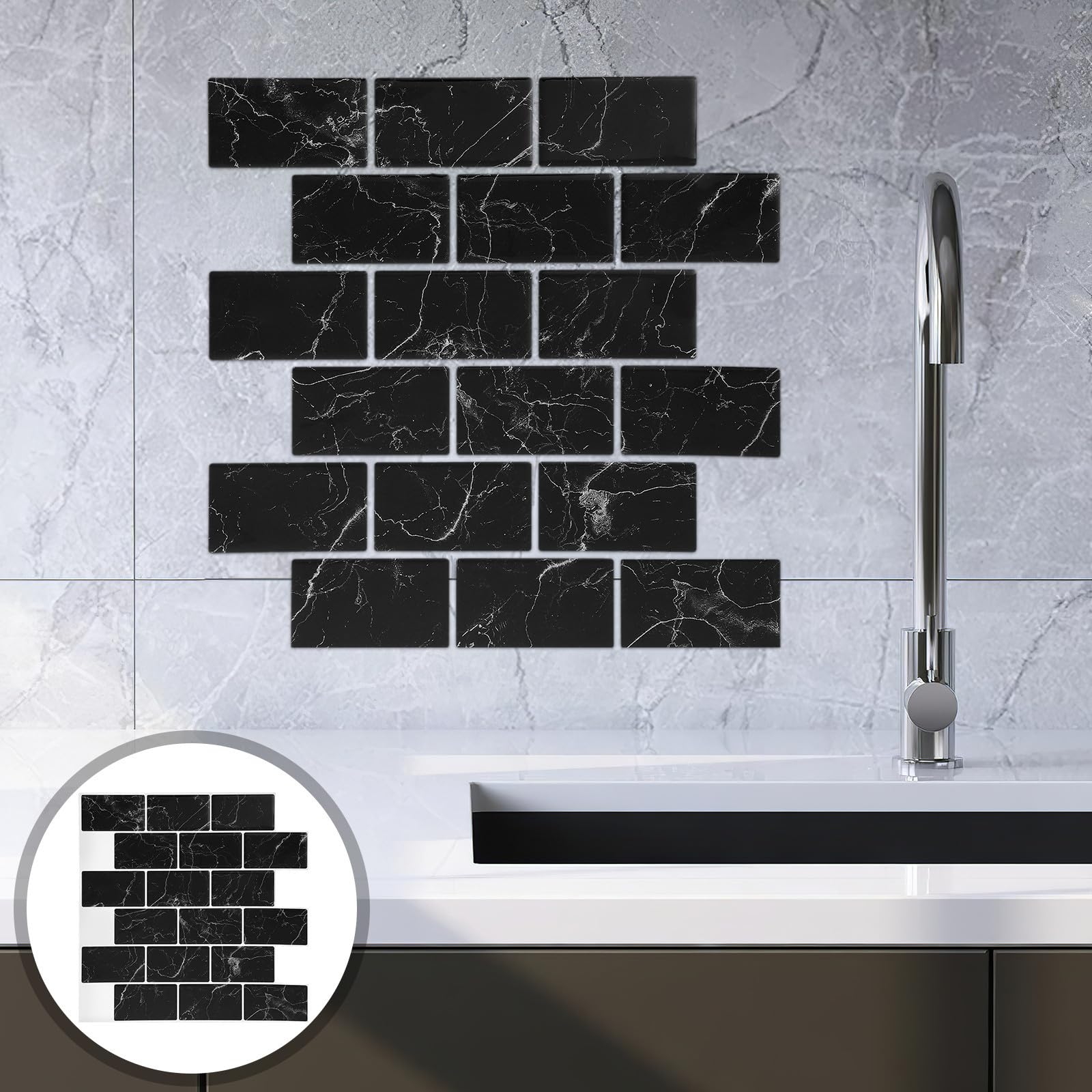 10 Pezzi Piastrelle Adesive per Cucina e Bagno 3d Effetto Mattone Nero, Impermeabili e Antimacchia in Poliuretano Adesivo Pet, Facili da Rimuovere senza Danni, per Pareti e Piani