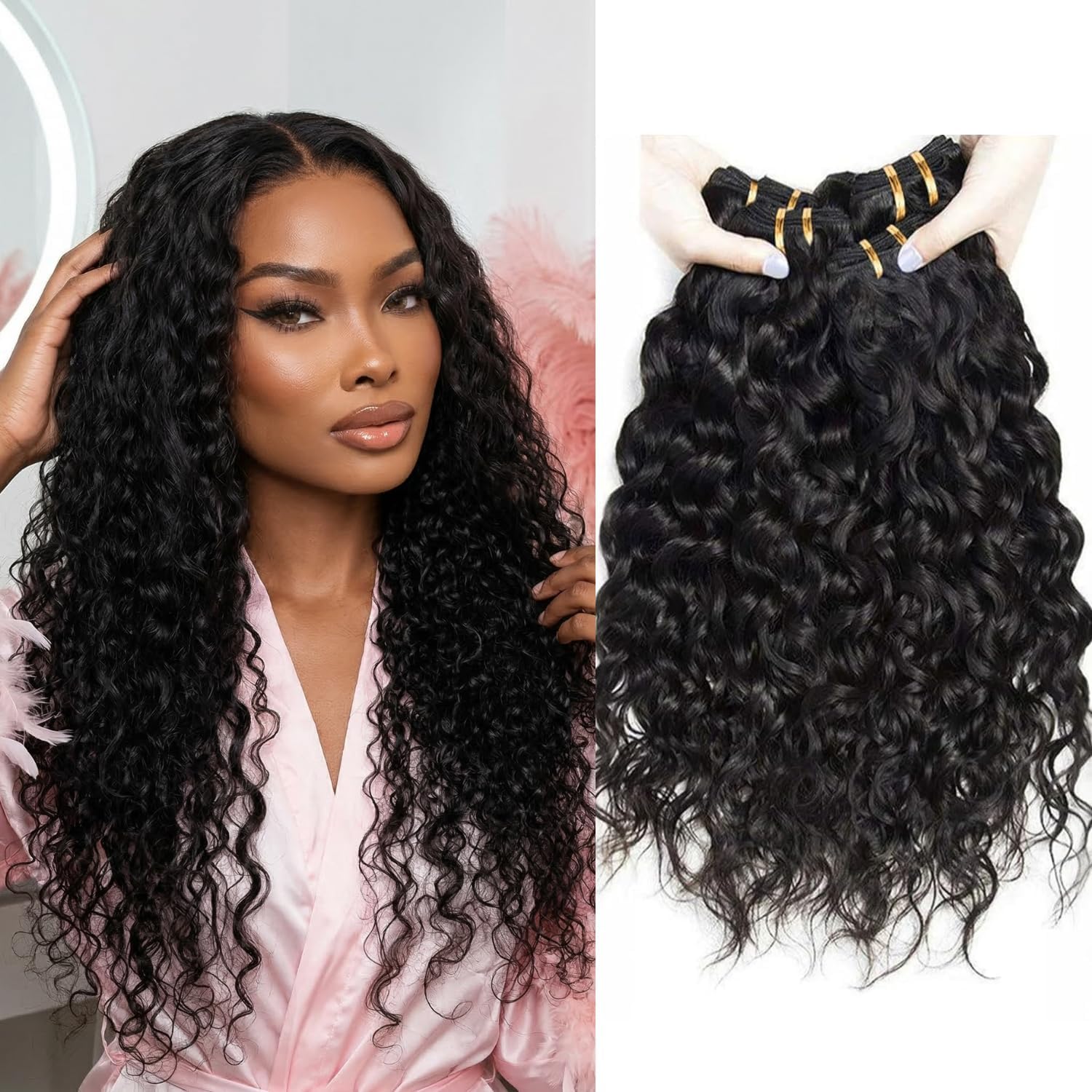 Water Wave Human Hair Bundles Echthaar Tressen Extensions Menschliches Haar Extensions 3 Bundles 100g/pcs Double Weft #1B Natural Black for Woman 12 14 16 Inches (300g Total)