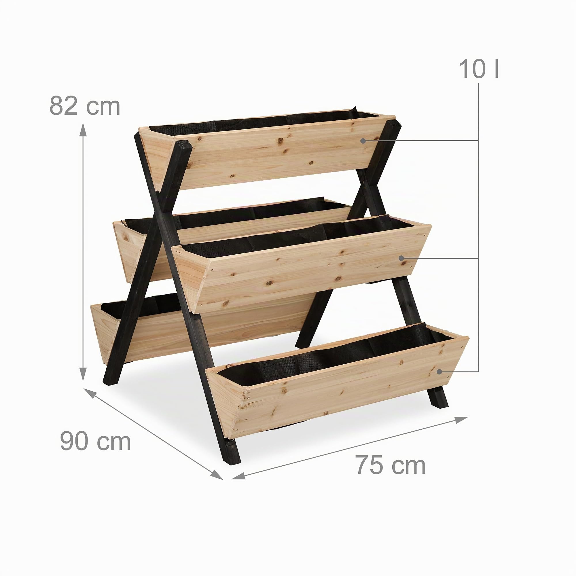 Relaxdays Huerto Urbano Elevado, Madera, 82x75x90 cm, Jardinera Vertical 5 Maceteros, Cama Jardín, Balcón, Natural/Negro