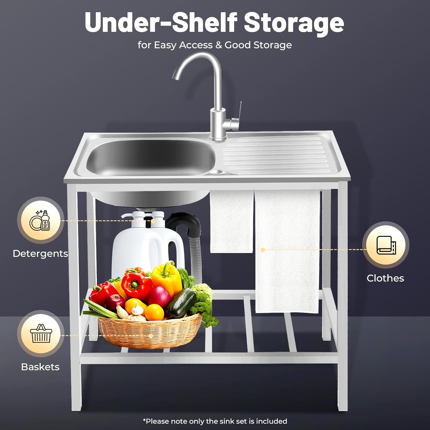 Portable Stainless Steel Sink, Freestanding Utility Sink, Single Bowl Commercial Kitchen Sink, Food Prep Sink with 360° Rotatable Faucet for Home Kitchen, Restaurant, Laundry Room & Outdoor Camping