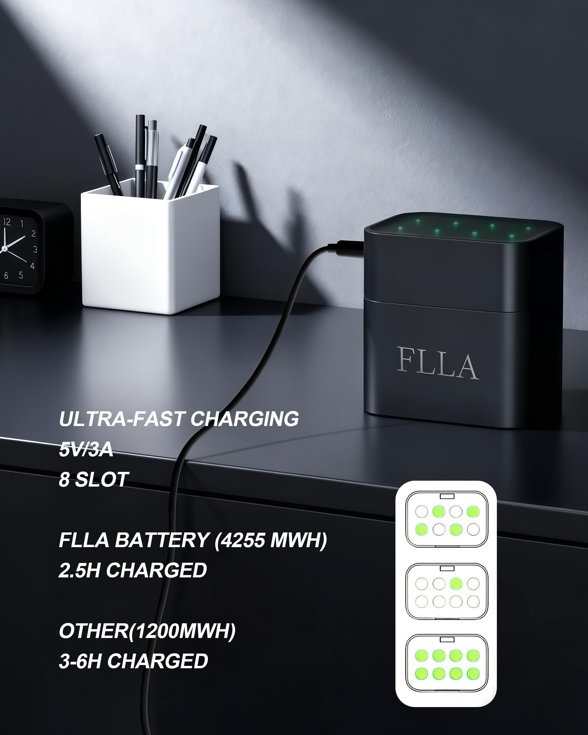 FLLA Baterías de litio AA recargables de 8 ranuras de 4255 mWh 1.5 V con cargador rápido USB-C y caja de almacenamiento, salida constante, más de 2000 ciclos para cámaras de timbre, controladores de