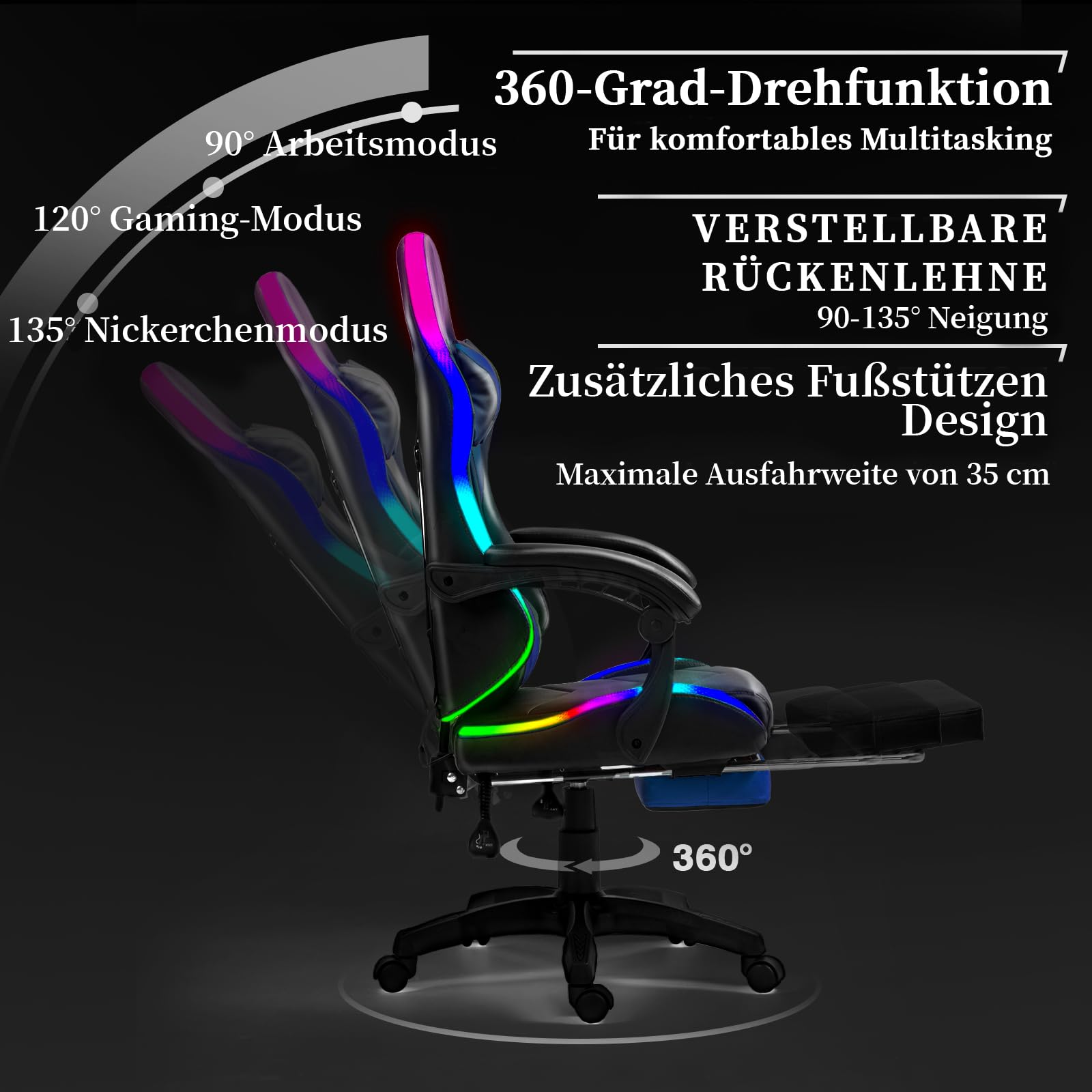 Czlolo Silla Gaming con Masajeador y LED, Silla de Estilo Racing Ergonómica Reclinable con Reposapiés y Cervical,Reposabrazos Acolchados, Ruedas 360°, para Adultos y niños,Azul