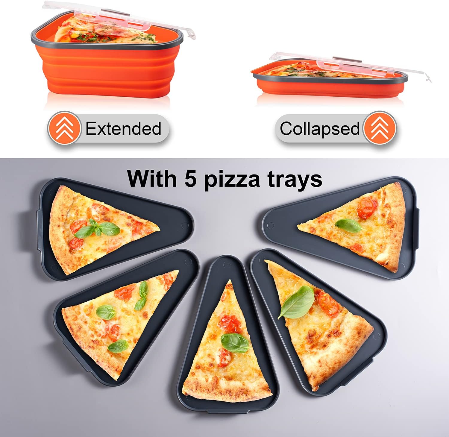 Pizza Storage Container, Collapsible Pizza Slice Container with 5 Trays, Reusable Silicone Pizza Pan Pizza Box Set with Lids to Leftover Organization and Space Saver (Pizza Cutter is Not Included)