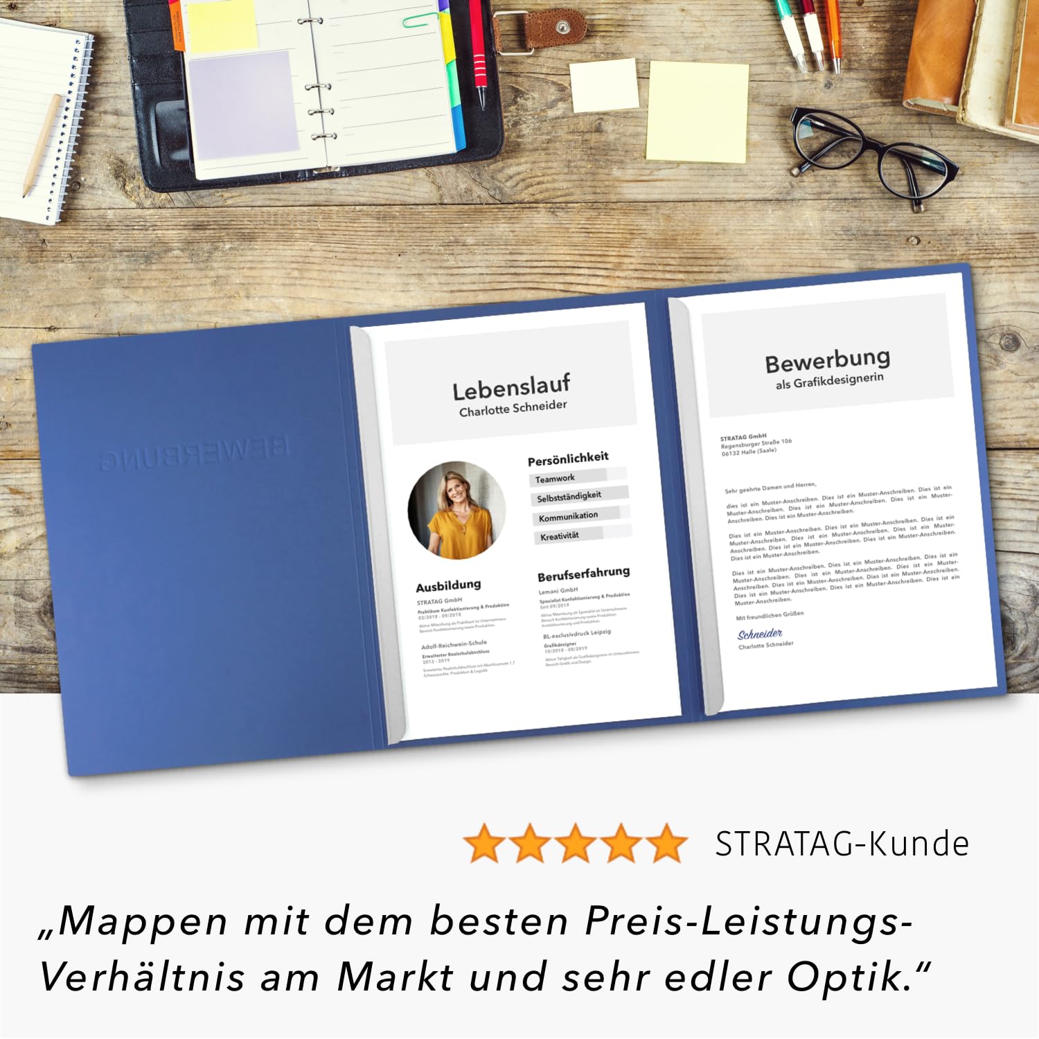 10 Stück 3-teilige Bewerbungsmappen Blau in feinster Lederstruktur - inkl. 10 Versandumschläge in Weiß - mit 2 Klemmschienen und hochwertiger Prägung ''BEWERBUNG'' - direkt vom Hersteller STRATAG