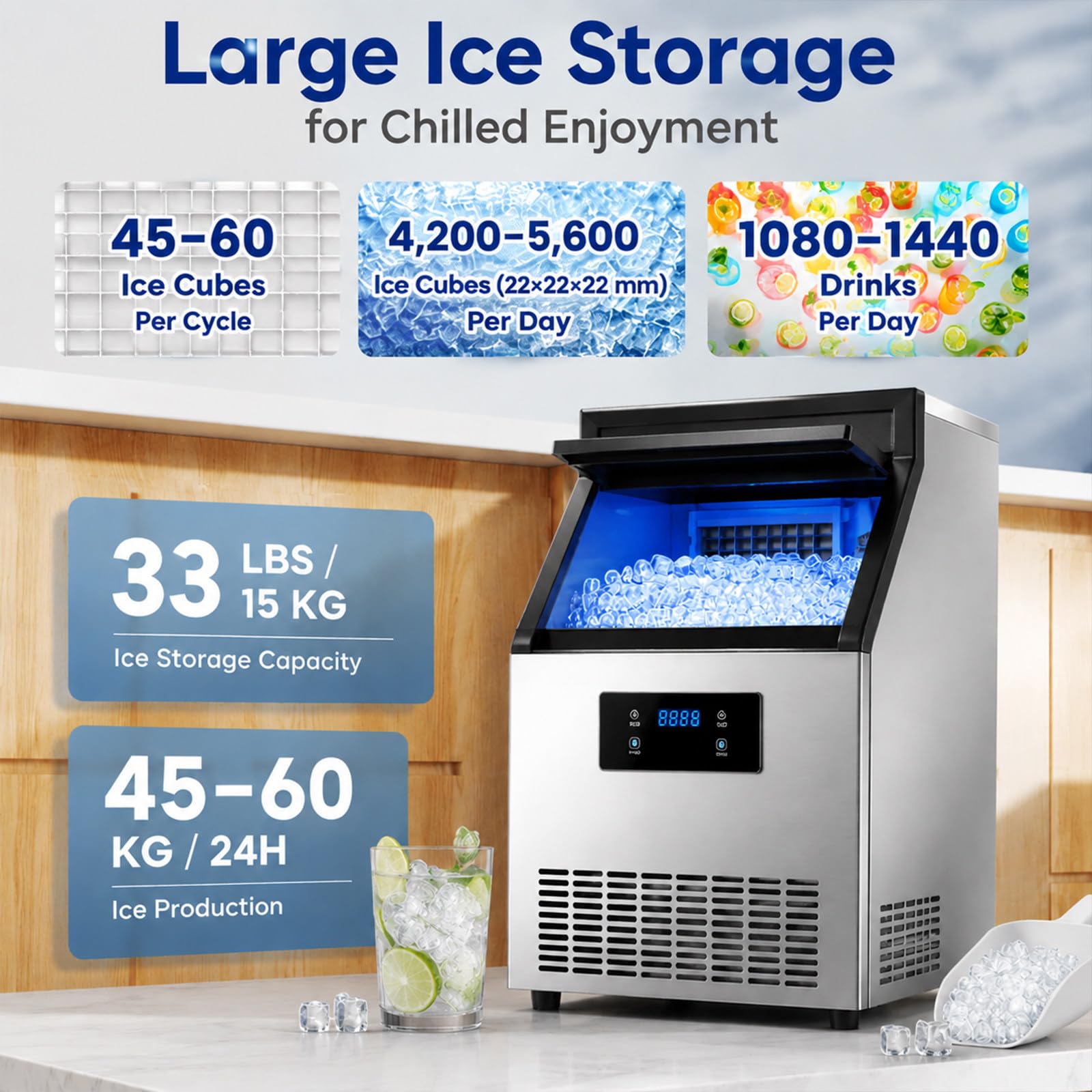 Profesjonalna Kostkarka 45-60KG/24H, 15KG Zapas Lodu, 45-60 Kostek w 8 Minut, Samoczyszcząca, Panel Sterowania LED, Idealna do Gastronomii 55IceCubes