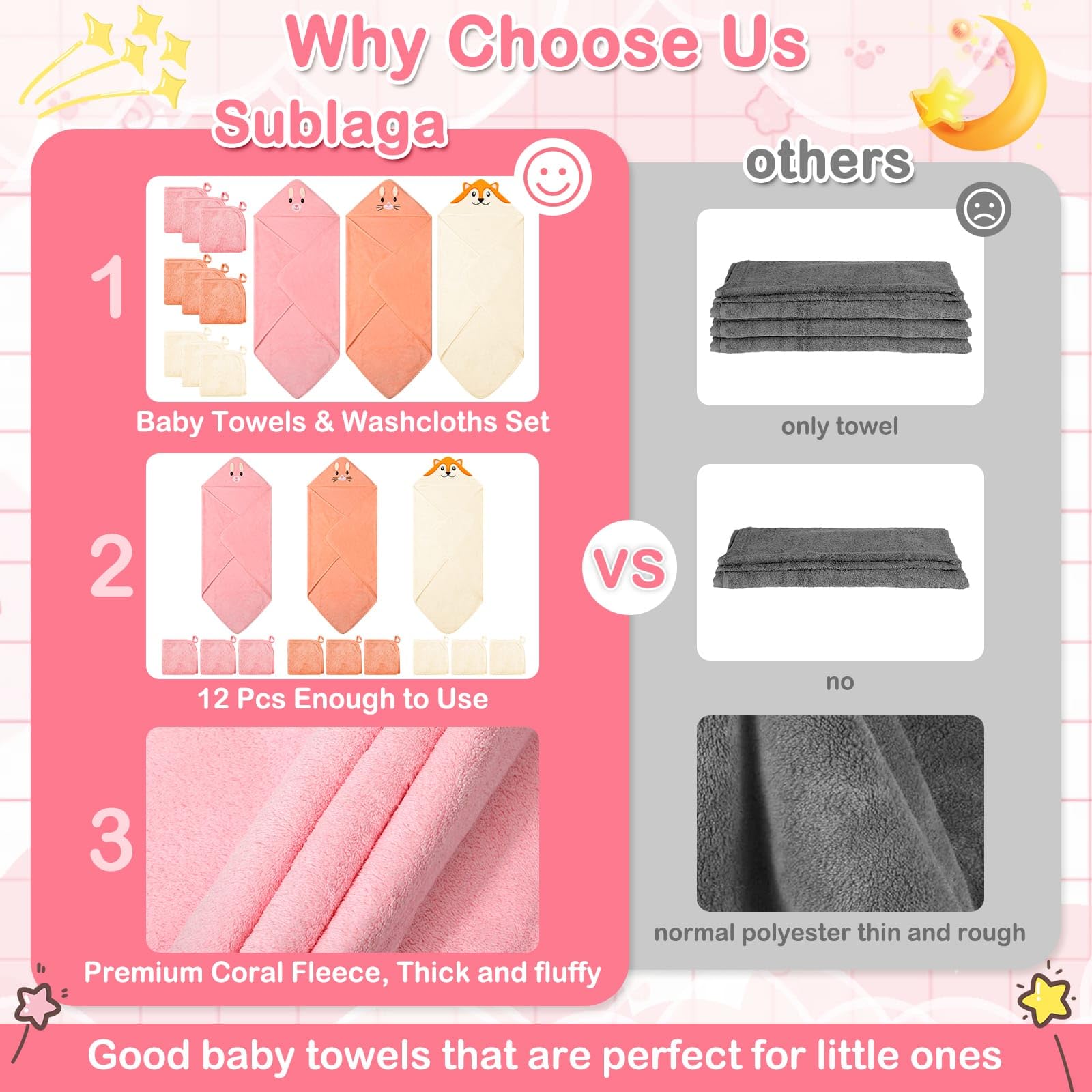 Sublaga 78,9 x 78,9 cm Baby-Kapuzenhandtücher, 9-teiliges Bad für Mädchen, Waschlappen-Set mit niedlichem Design, Duschtuch, Geschenk für Neugeborene, Säuglinge und Kleinkinder