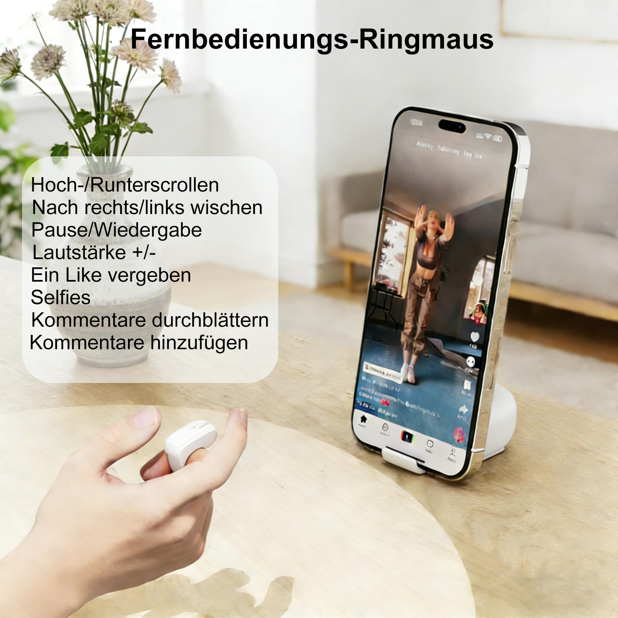 Tiktok Scrolling Ring Fingermaus mit Touchpad, Mini Bluetooth Wiederaufladbare Tragbare Maus mit Ladehülle, Fernbedienung für Kamera/Video/Kindle App/PPT, für PC Laptop Smartphone Tablet(Weiß)