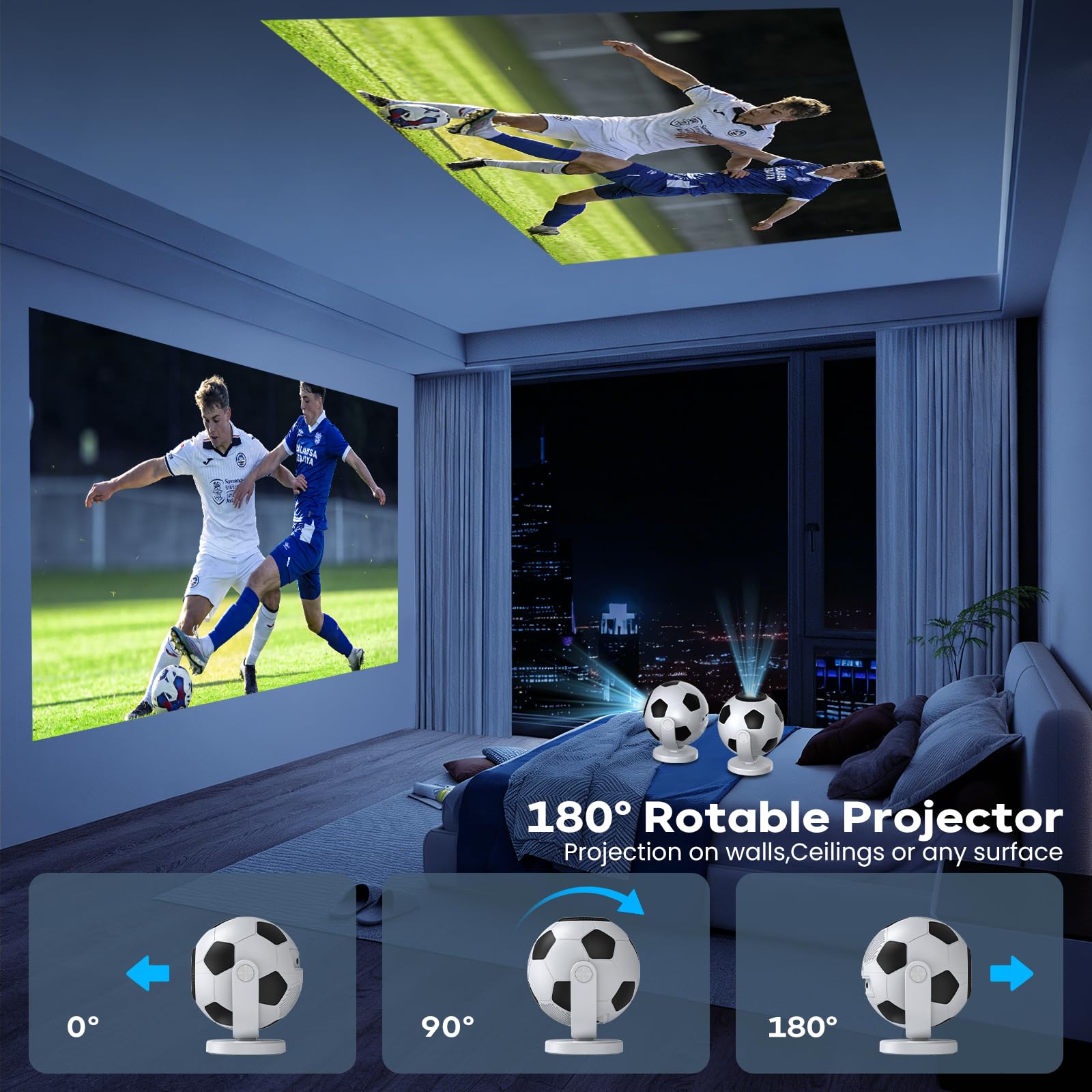 [Proiettore di Calcio] Mini Proiettore Portatile con WiFi 6 Bluetooth 5.4,Android 14, Support 4K,Auto Keystone,Rotabile 180°. Videoproiettore Compatibile con iOS/Android/PC
