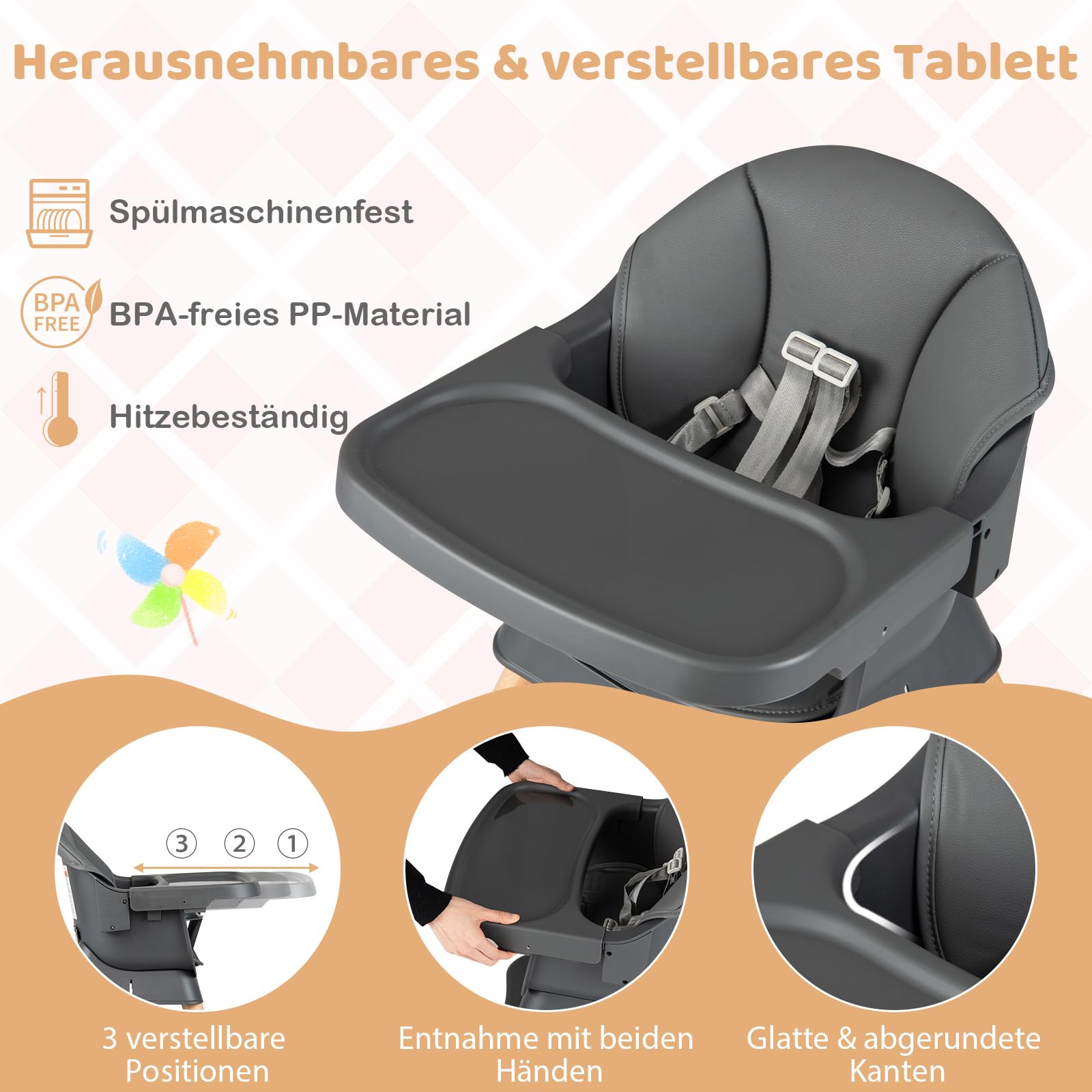 COSTWAY 9 in 1 Hochstuhl Baby, Kinderhochstuhl mit Sitzerhöhung, abnehmbarem Tablett, Sicherheitsgurt & Sitzkissen, Kombihochstuhl umwandelbar, Essenstuhl für Kinder von 6-36 Monaten (Dunkelgrau)