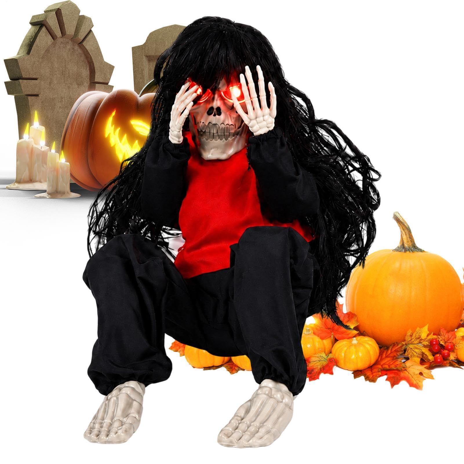 Szkielet Dekoracyjny Halloweenowy Długowłosy Płaczący Ze Świecącymi Oczami