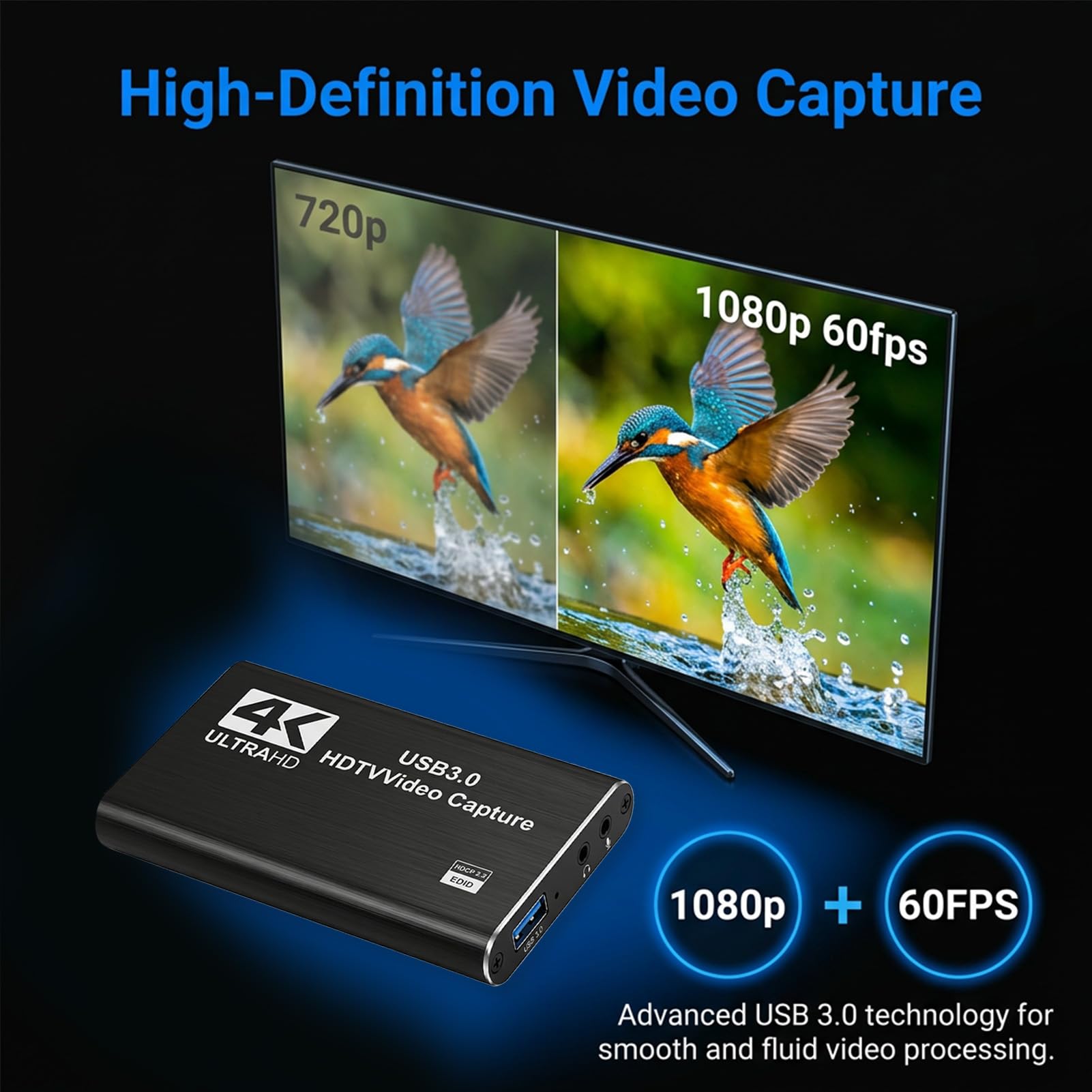 4K 60Hz Capture Card for Streaming, HDMI Video Capture Card with USB 3.0, Game Capture Card Compatible with Series X S Switch PC iOS Devices, Video Recording for OBS Streamlabs XSplit Low Latency Chip — view 4