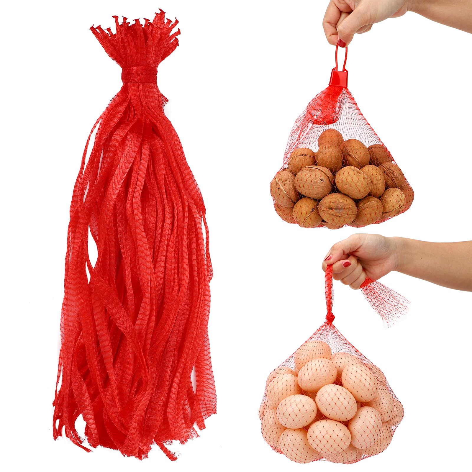 100 Pack Reusable Produce Bags, Watermelon Nets with Loop-Style Closures, Onion Bags Mesh Bags for Vegetables, Melon Cradle for Garden Trellis Fruit Hammock Onion Storage, 23.6 inch Red
