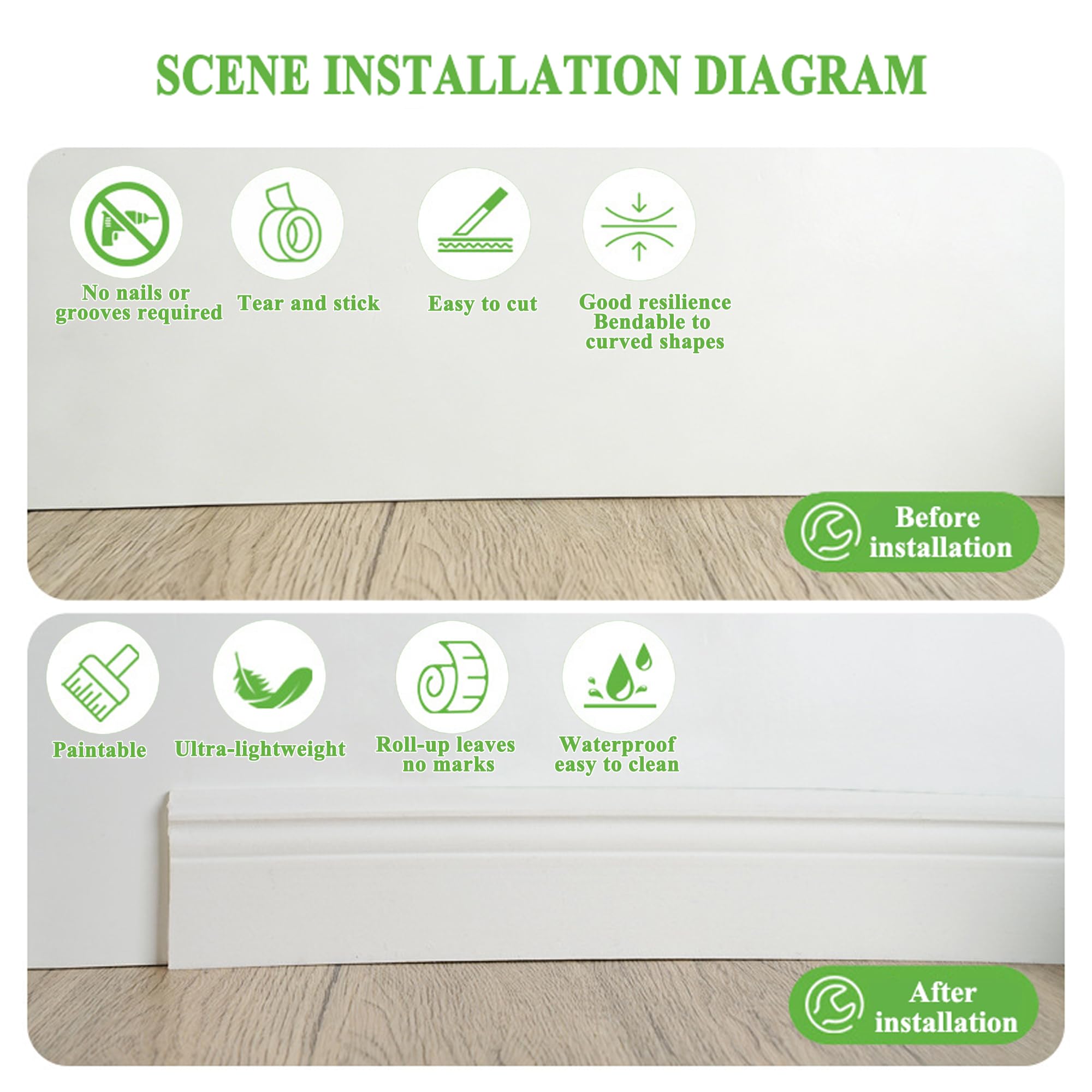 Rodapié Flexible Blanco EVA Autoadhesivo Cinta Protectora Curva Base Pared