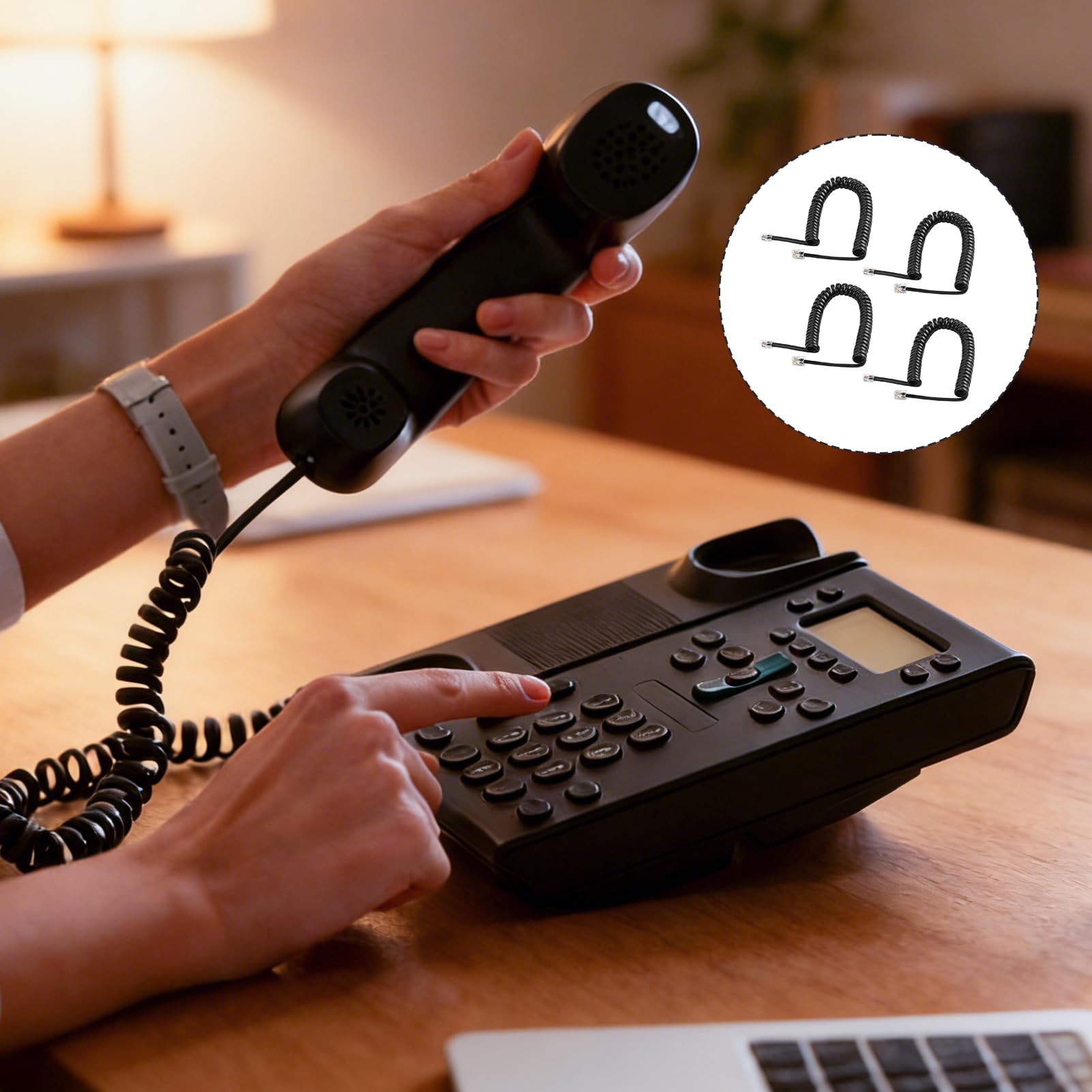 Lot de 4 Câble Téléphonique RJ9 4P4C Spiralé 5m Étendu Câble Combiné Téléphone Fixe Noir Fil de Remplacement pour Téléphone Bureau Maison Standard Universel Compatible Téléphones Fixes et Combinés