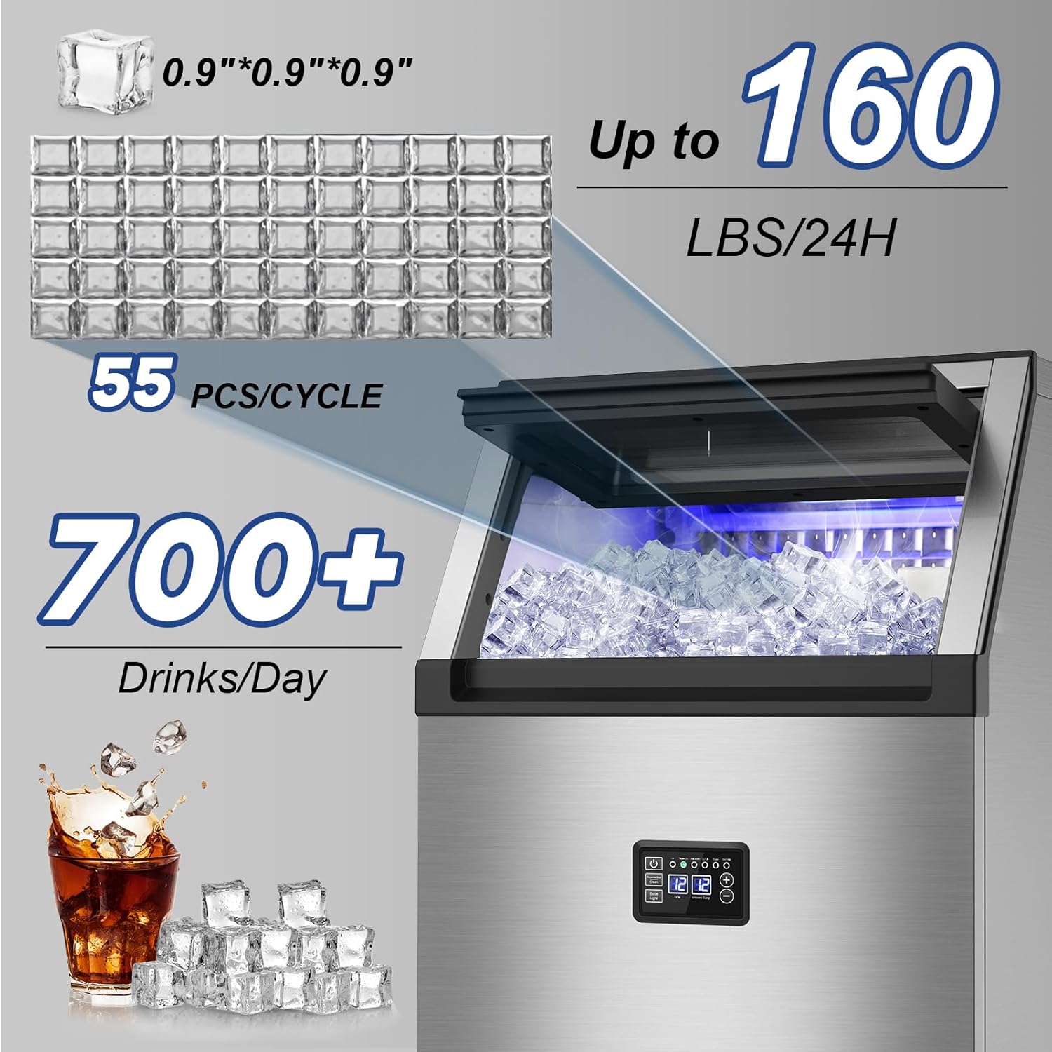 160Lbs/24H Commercial Ice Maker Machine with 35Lbs Ice Capacity, 55Pcs Clear Ice Cubes per Round in 11-20Mins, Stainless Steel Under Counter Freestanding Ice Machine Maker for Home Bar Outdoor