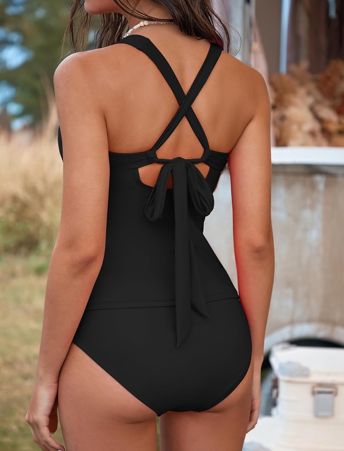 ZAFUL Ruched Tankini Swimsuits for Women Tummy Control Two Piece Bathing Suits Cutout V Neck Tie Back Swimwear - Image 3