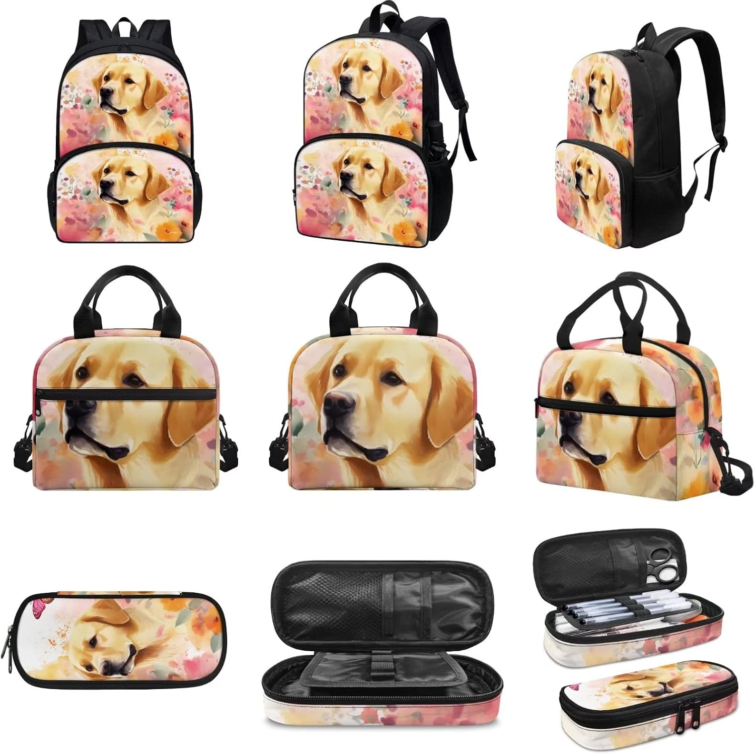 3D Cartoon Animal Backpack Set Lovely Dog Floral Shoulder Bag Lunch Tote Pencil Pen Pouch For School Trip Gym