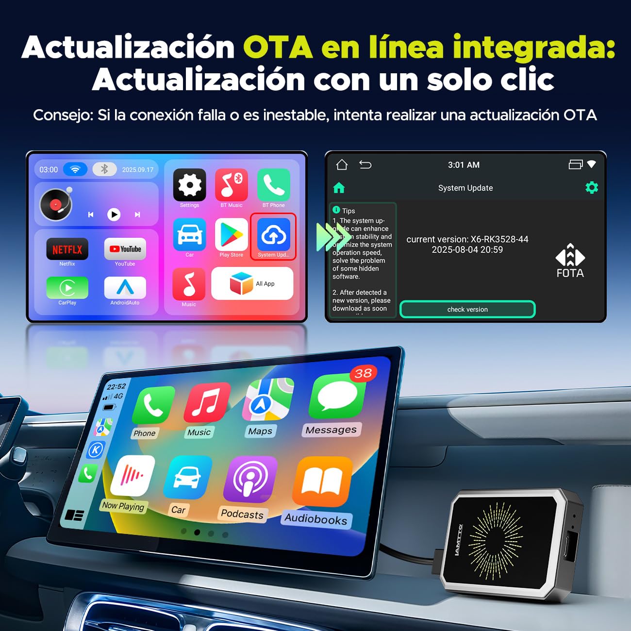 LAMTTO Adaptador CarPlay Inalámbrico AI Box con Google Play Store, Descarga de Apps y Gemini AI, CarPlay y Android Auto Inalámbricos, Netflix YouTube HDMI AirPlay Reproducción USB WiFi Doble Banda OTA