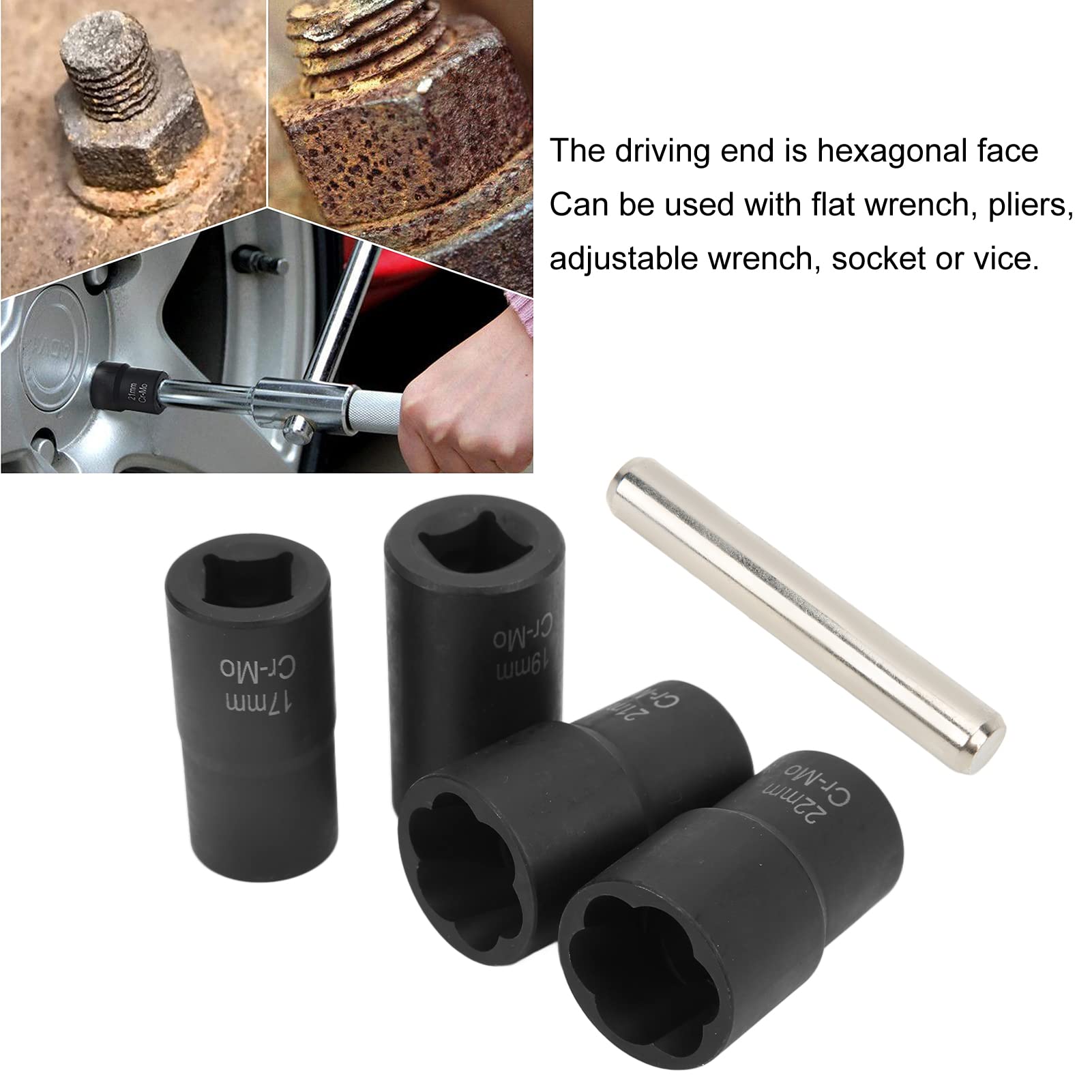 Zestaw 5 nakrętek śrubowych, zestaw narzędzi do wyciągania udarowego z napędem 1/2 cala, zawiera nasadki 17 mm, 19 mm, 21 mm i 22 mm, do konserwacji, wykonany z wytrzymałej stali chromowo-molibdenow